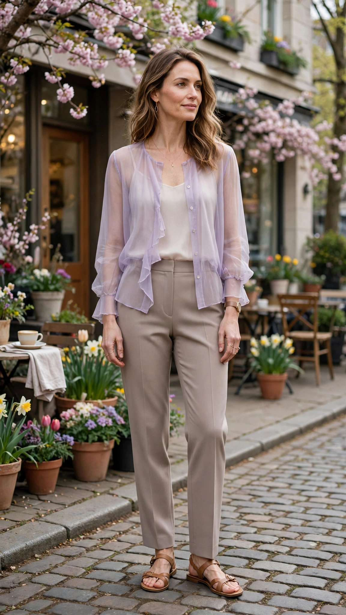 Pastel sheer top and tailored trousers with tan sandals