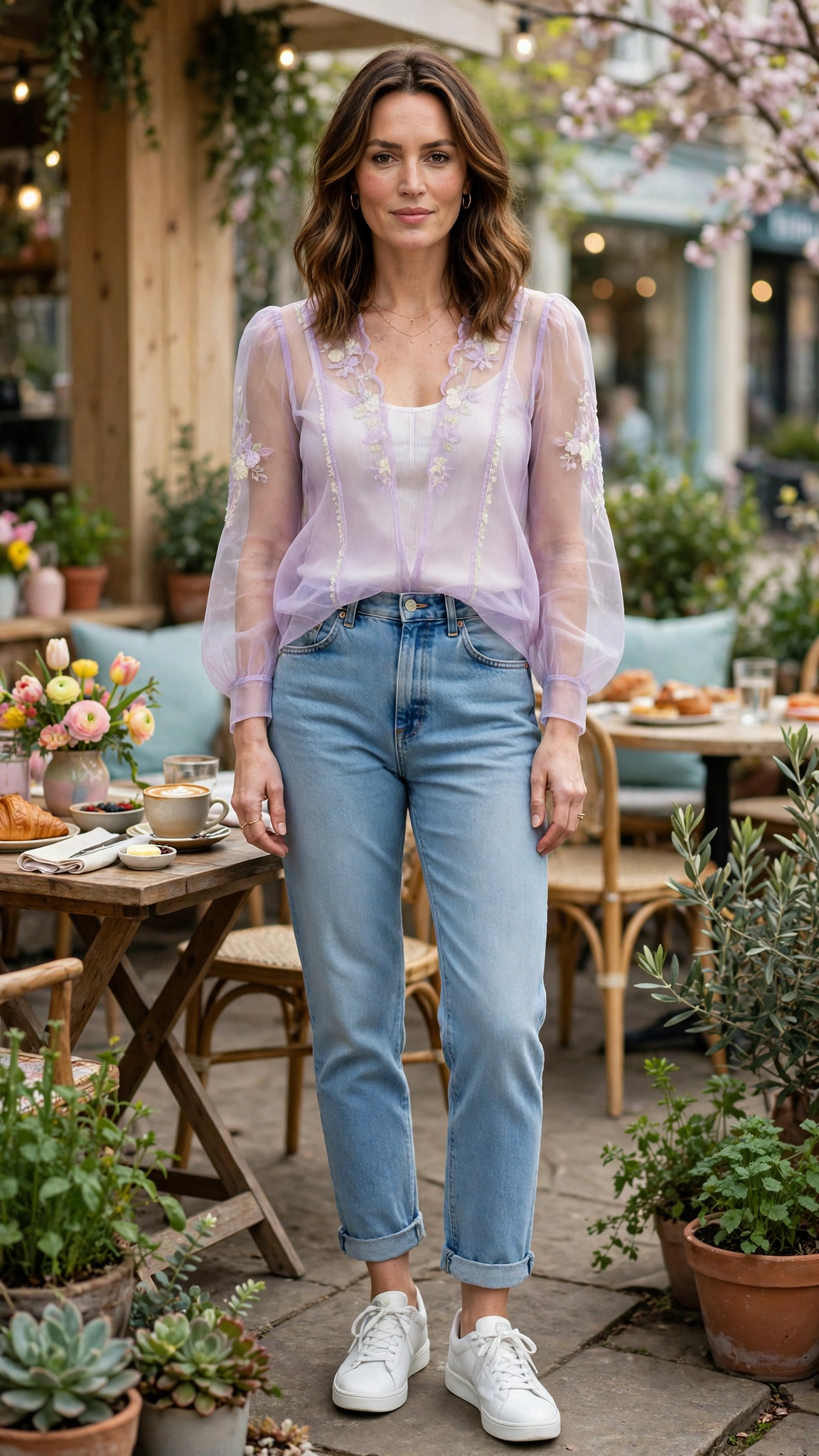Pastel sheer top and jeans with white sneakers