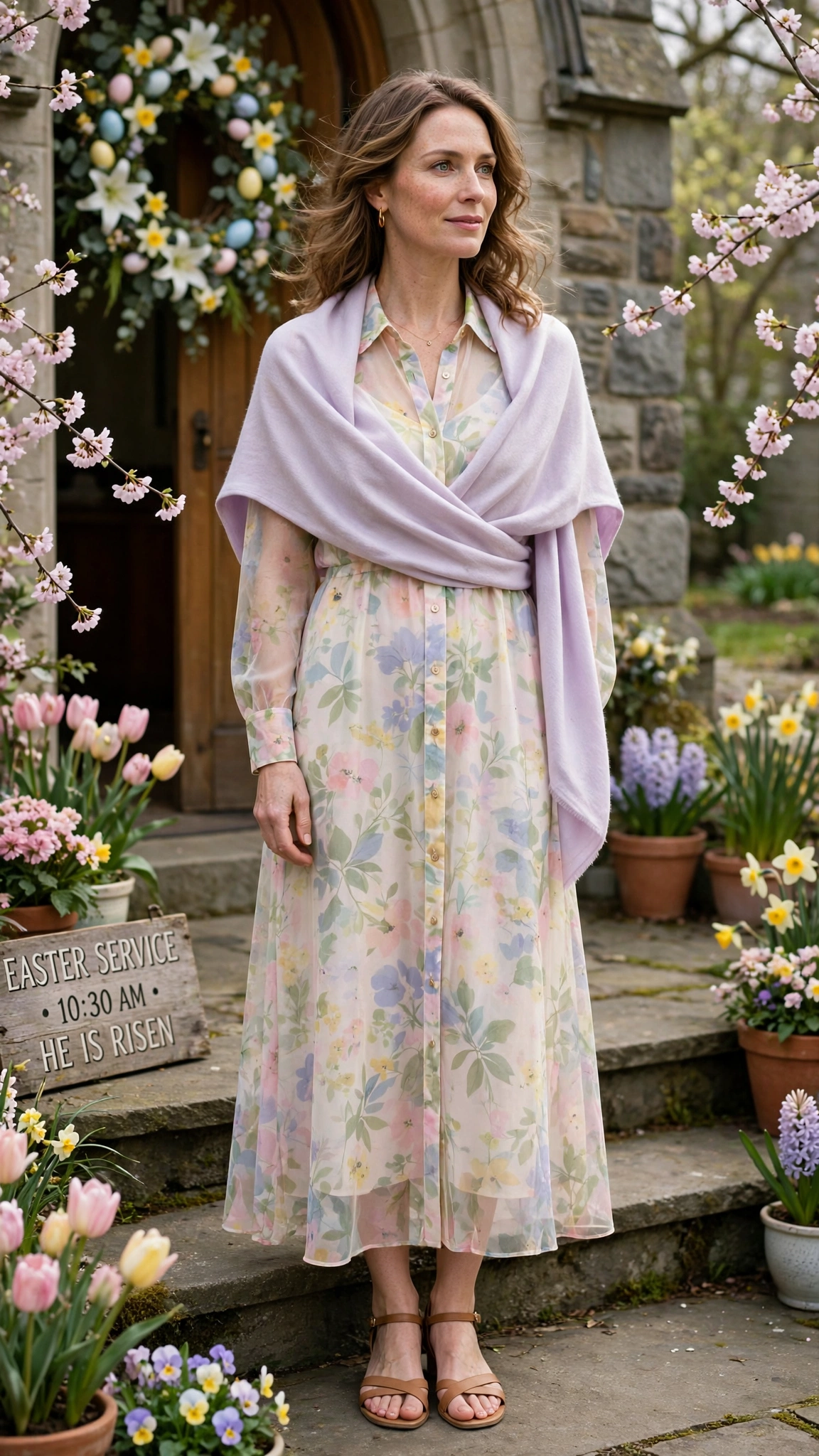 18 Women in Their 30s Sheer Floral Dress Outfits for Easter Gatherings That Are Fresh, Chic and Easy to Wear 2 Pastel sheer floral shirt dress with a pastel wrap