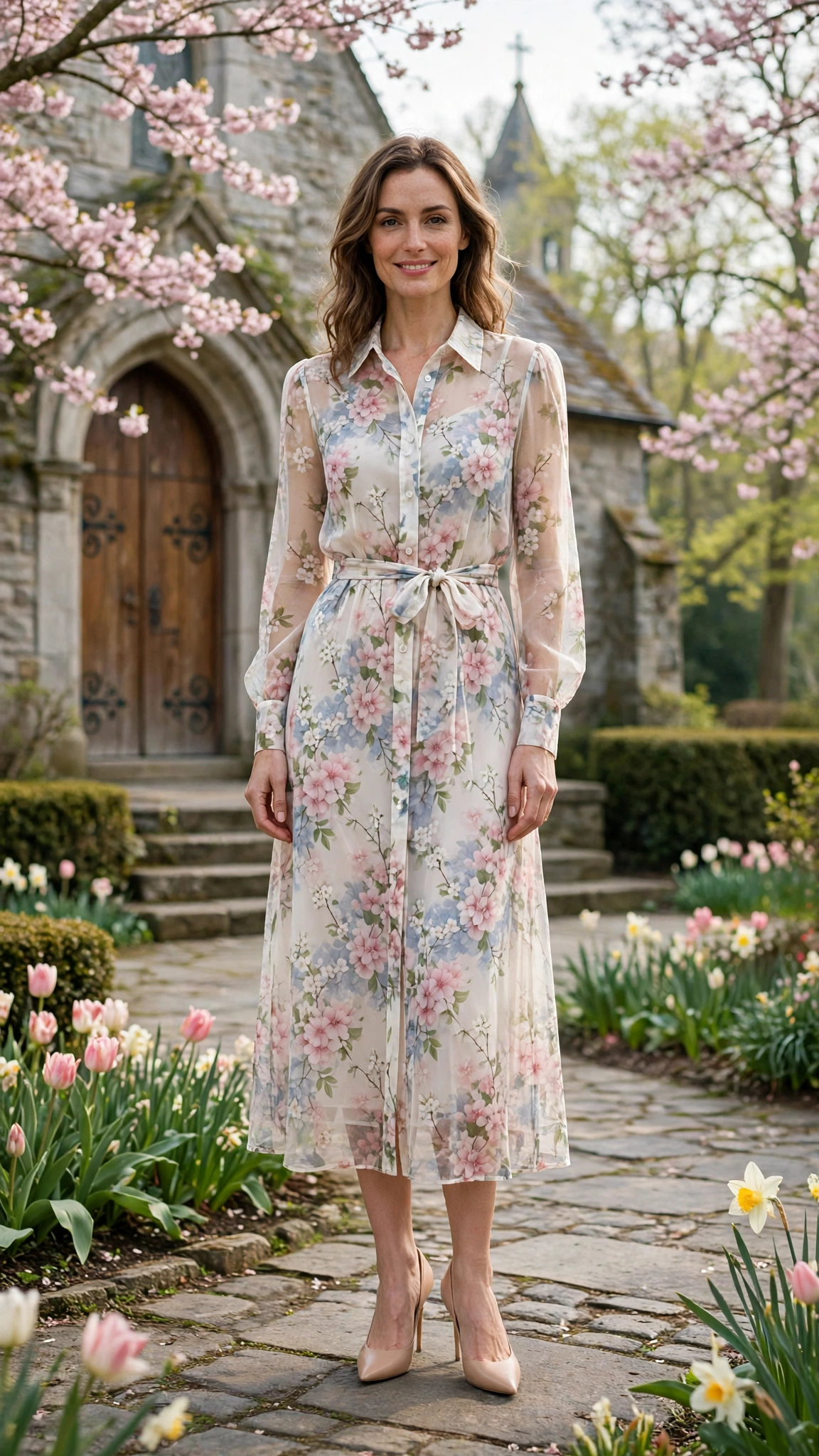 18 Women in Their 30s Sheer Floral Dress Outfits for Easter Gatherings That Are Fresh, Chic and Easy to Wear 3 Spring blossom sheer floral shirt dress with nude heels