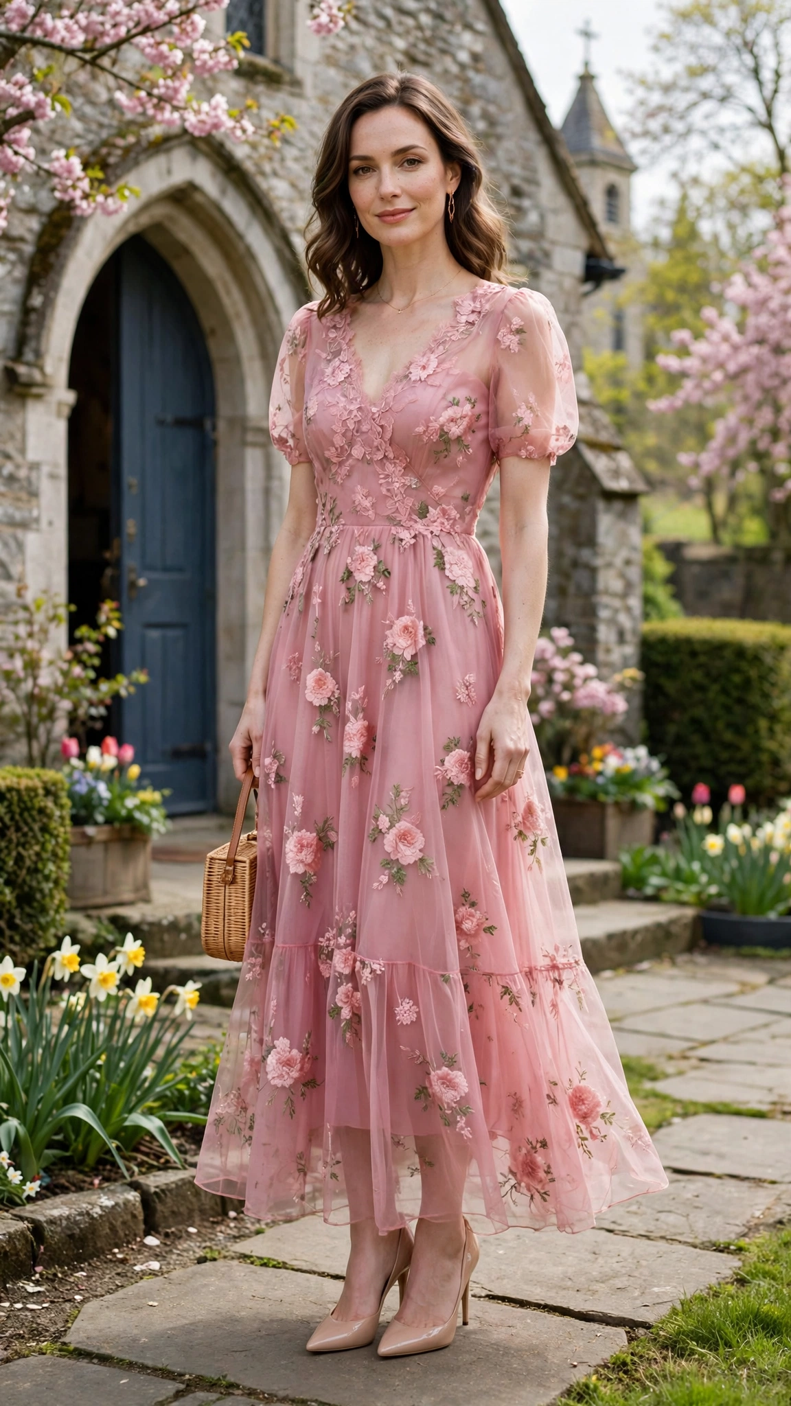 18 Women in Their 30s Sheer Floral Dress Outfits for Easter Gatherings That Are Fresh, Chic and Easy to Wear 4 Rose sheer floral chiffon dress with nude heels