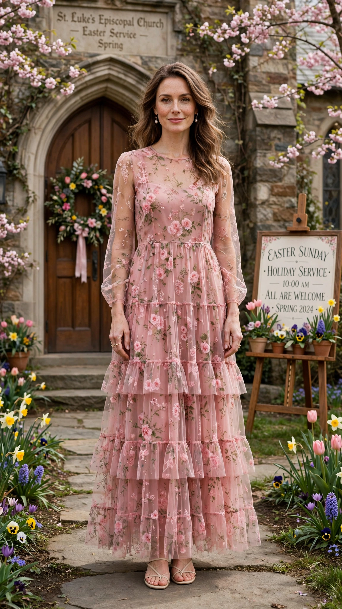 18 Women in Their 30s Sheer Floral Dress Outfits for Easter Gatherings That Are Fresh, Chic and Easy to Wear 5 Rose sheer floral tiered dress with pearl earrings