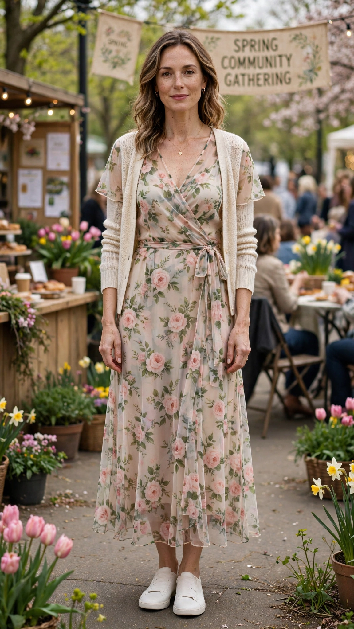 18 Women in Their 30s Sheer Floral Dress Outfits for Easter Gatherings That Are Fresh, Chic and Easy to Wear 6 Garden rose sheer floral wrap dress with a light cardigan