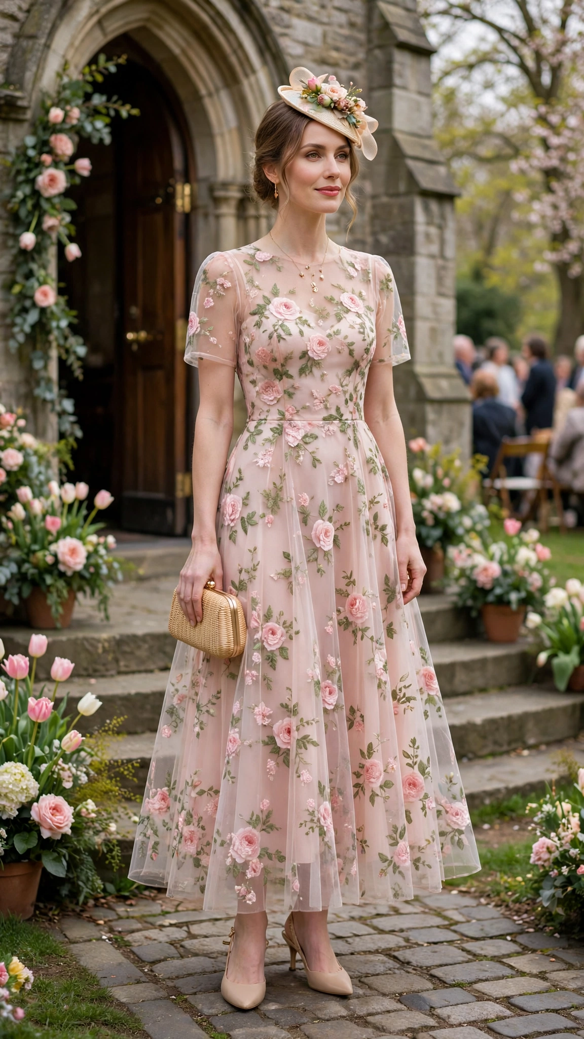 18 Women in Their 30s Sheer Floral Dress Outfits for Easter Gatherings That Are Fresh, Chic and Easy to Wear 7 Garden rose sheer floral A-line dress with a small hat