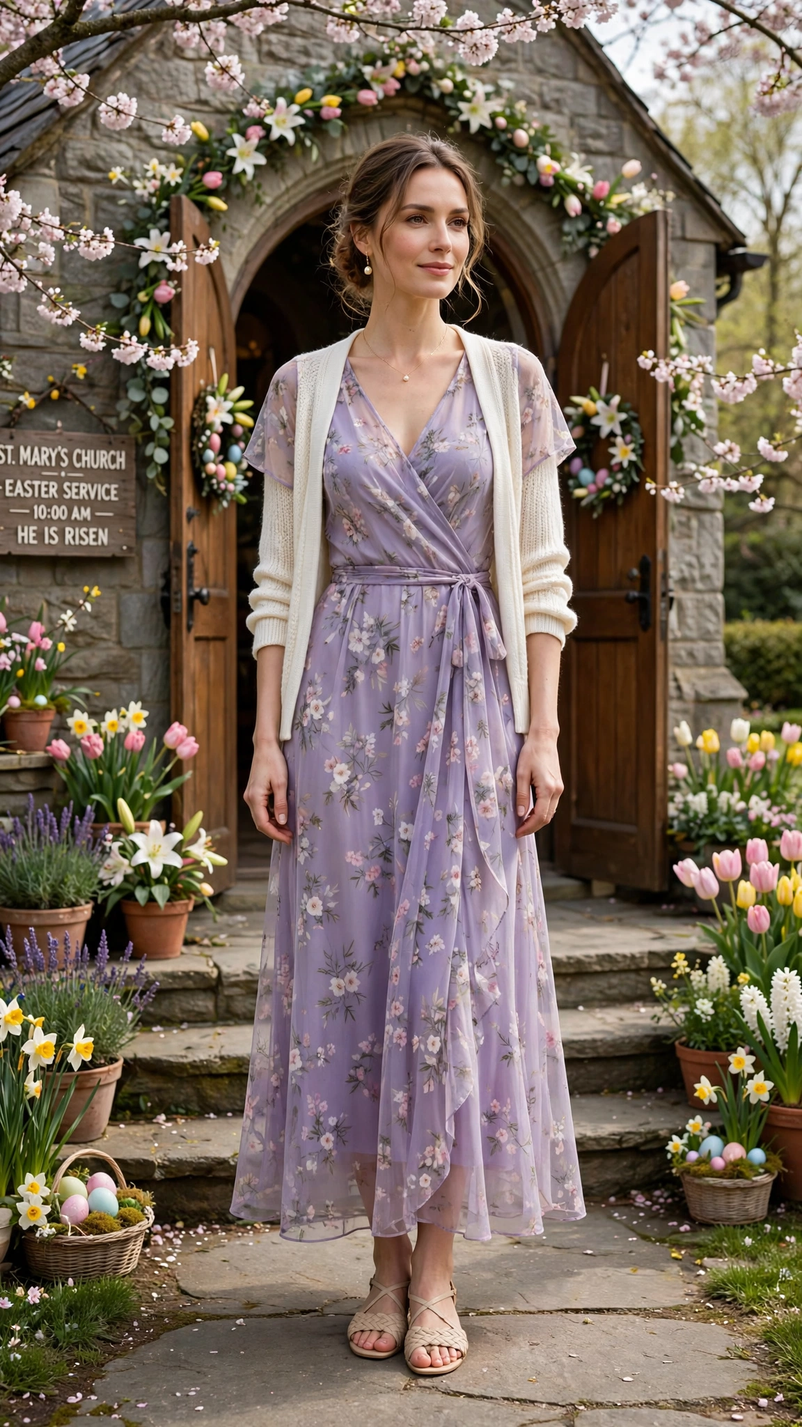 18 Women in Their 30s Sheer Floral Dress Outfits for Easter Gatherings That Are Fresh, Chic and Easy to Wear 8 Lavender sheer floral wrap dress with a light cardigan