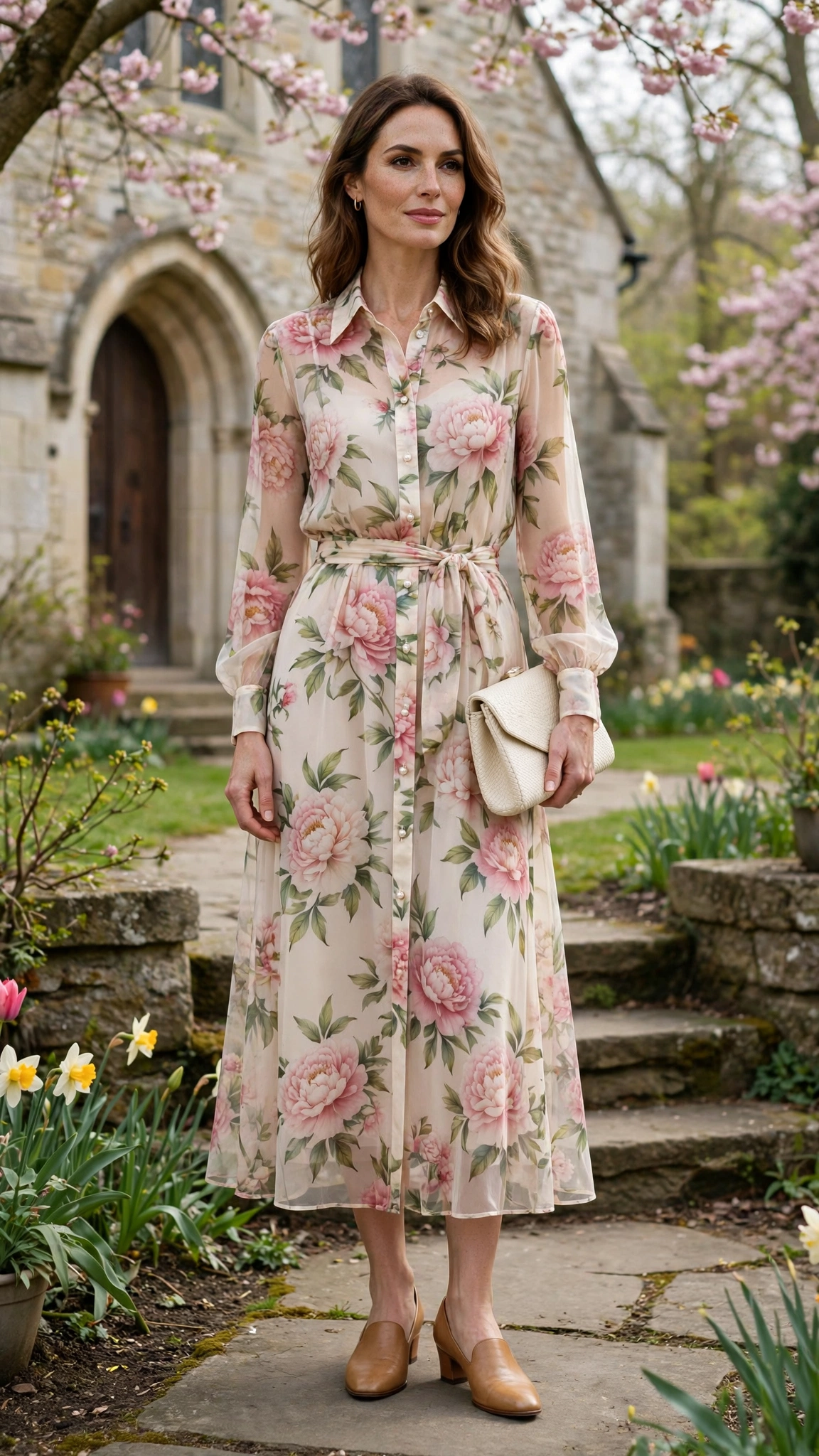 18 Women in Their 30s Sheer Floral Dress Outfits for Easter Gatherings That Are Fresh, Chic and Easy to Wear 9 Peony sheer floral shirt dress with a cream clutch