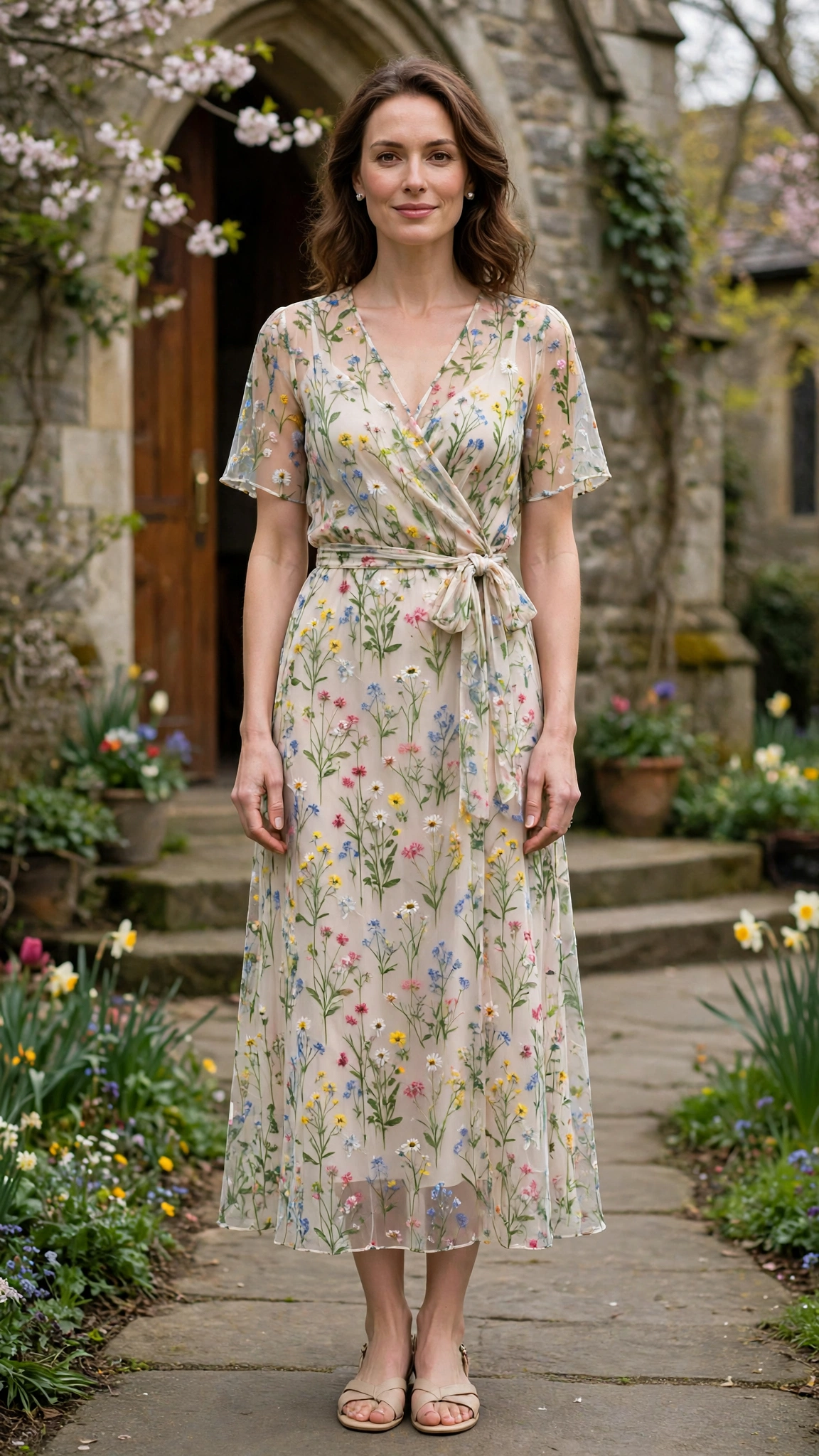 18 Women in Their 30s Sheer Floral Dress Outfits for Easter Gatherings That Are Fresh, Chic and Easy to Wear 10 Wildflower sheer floral wrap dress with pearl earrings