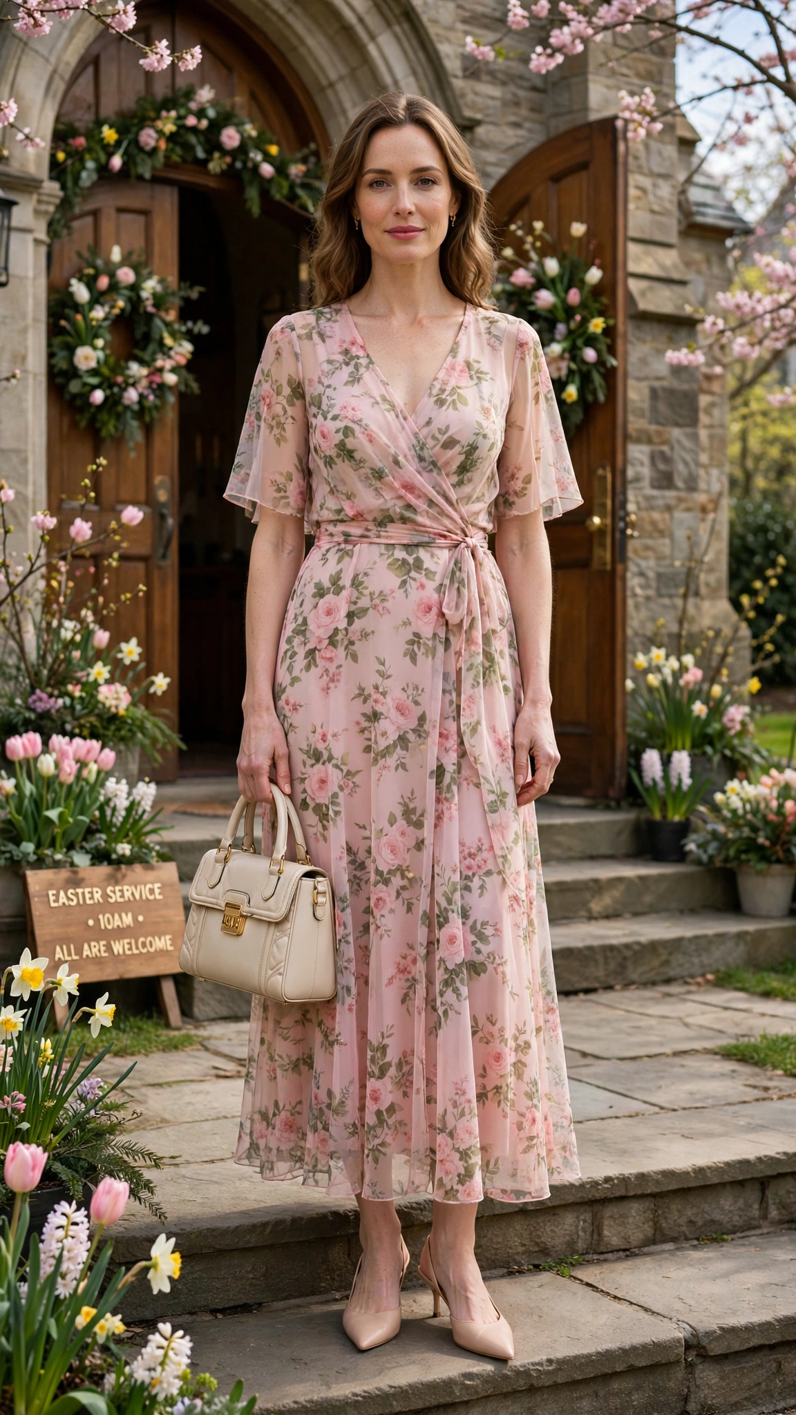 18 Women in Their 30s Sheer Floral Dress Outfits for Easter Gatherings That Are Fresh, Chic and Easy to Wear 11 Garden rose sheer floral wrap dress with a structured handbag