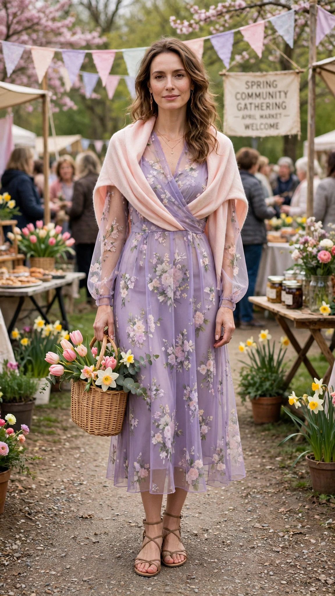 18 Women in Their 30s Sheer Floral Dress Outfits for Easter Gatherings That Are Fresh, Chic and Easy to Wear 12 Lavender sheer floral midi dress with a pastel wrap
