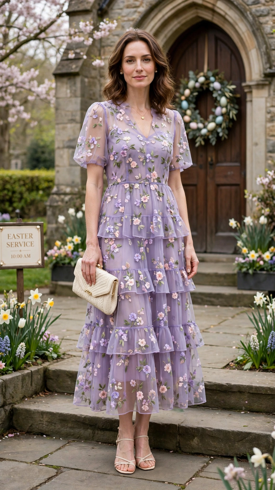 18 Women in Their 30s Sheer Floral Dress Outfits for Easter Gatherings That Are Fresh, Chic and Easy to Wear 14 Lavender sheer floral tiered dress with a cream clutch