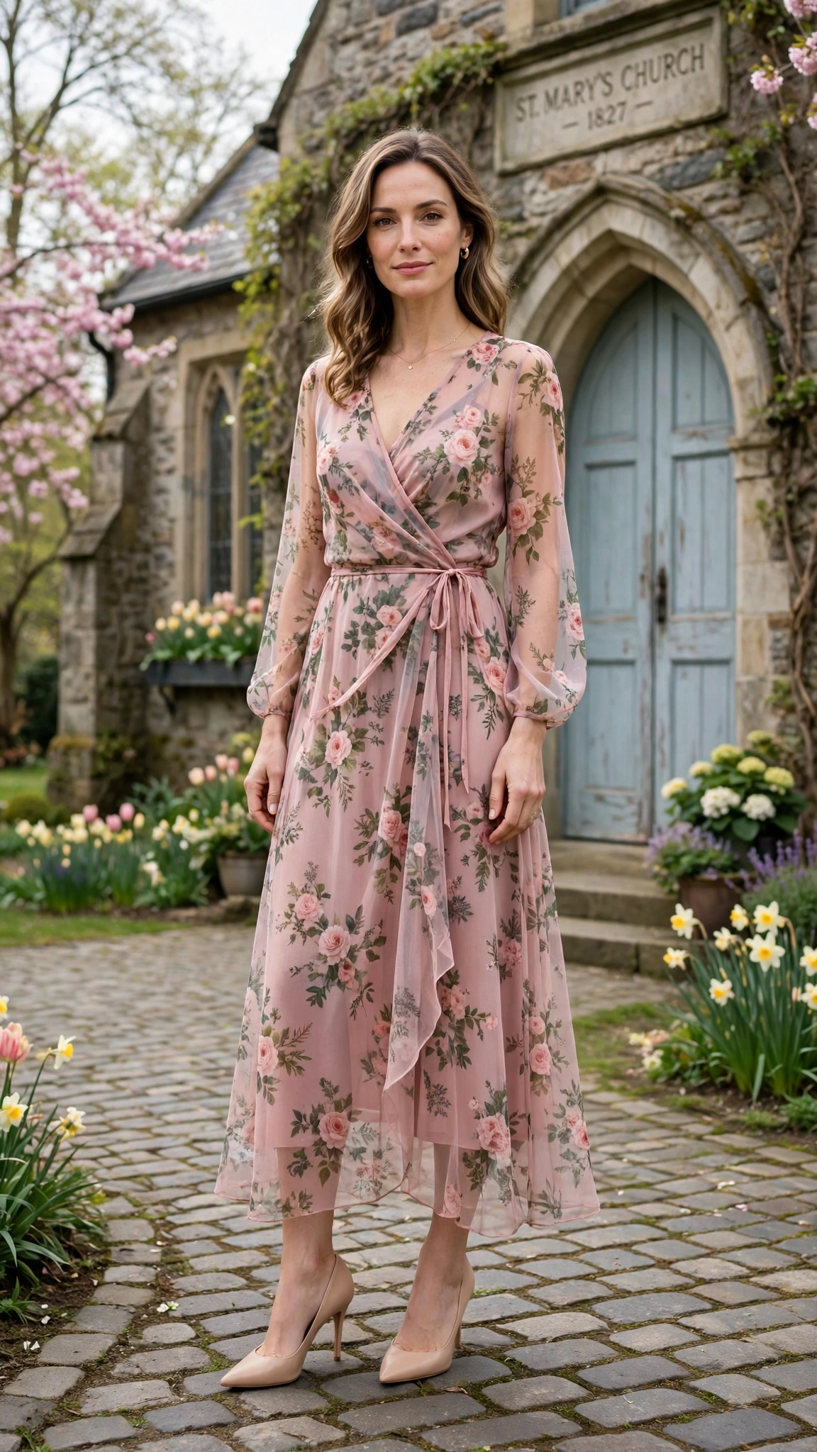 18 Women in Their 30s Sheer Floral Dress Outfits for Easter Gatherings That Are Fresh, Chic and Easy to Wear 15 Garden rose sheer floral wrap dress with nude heels