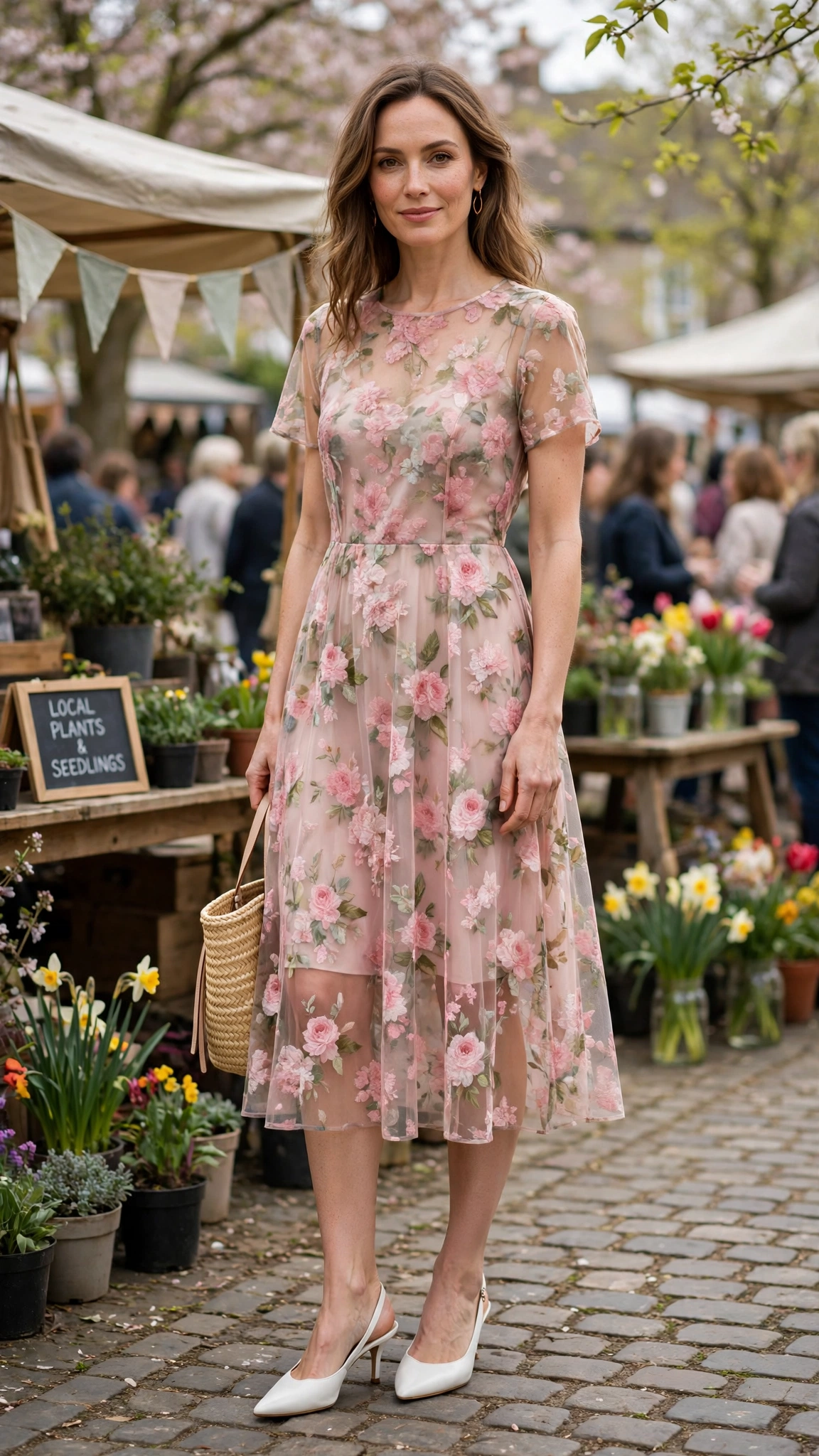 18 Women in Their 30s Sheer Floral Dress Outfits for Easter Gatherings That Are Fresh, Chic and Easy to Wear 18 Rose sheer floral shift dress with white slingbacks