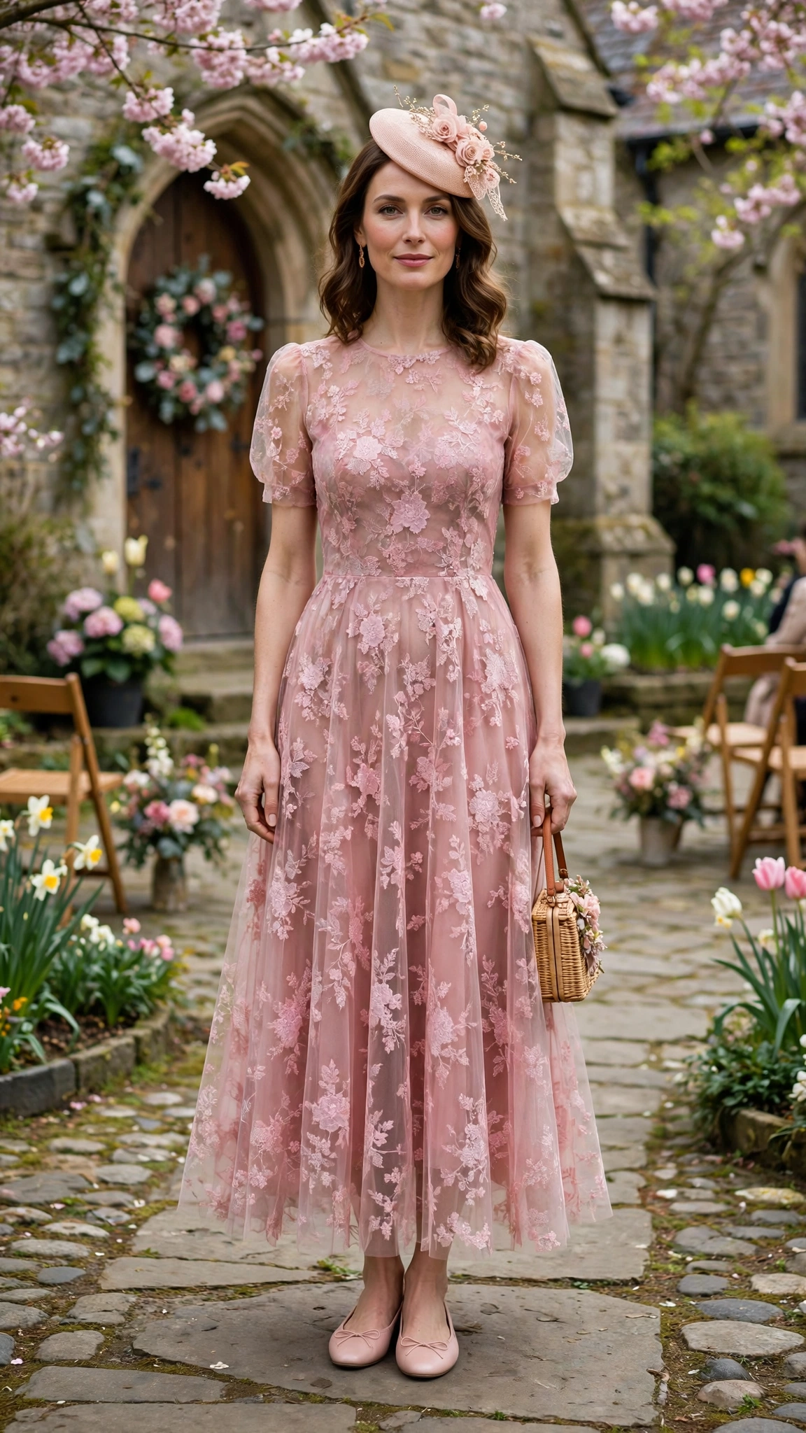 18 Women in Their 30s Sheer Floral Dress Outfits for Easter Gatherings That Are Fresh, Chic and Easy to Wear 19 Rose sheer floral lace dress with a small hat