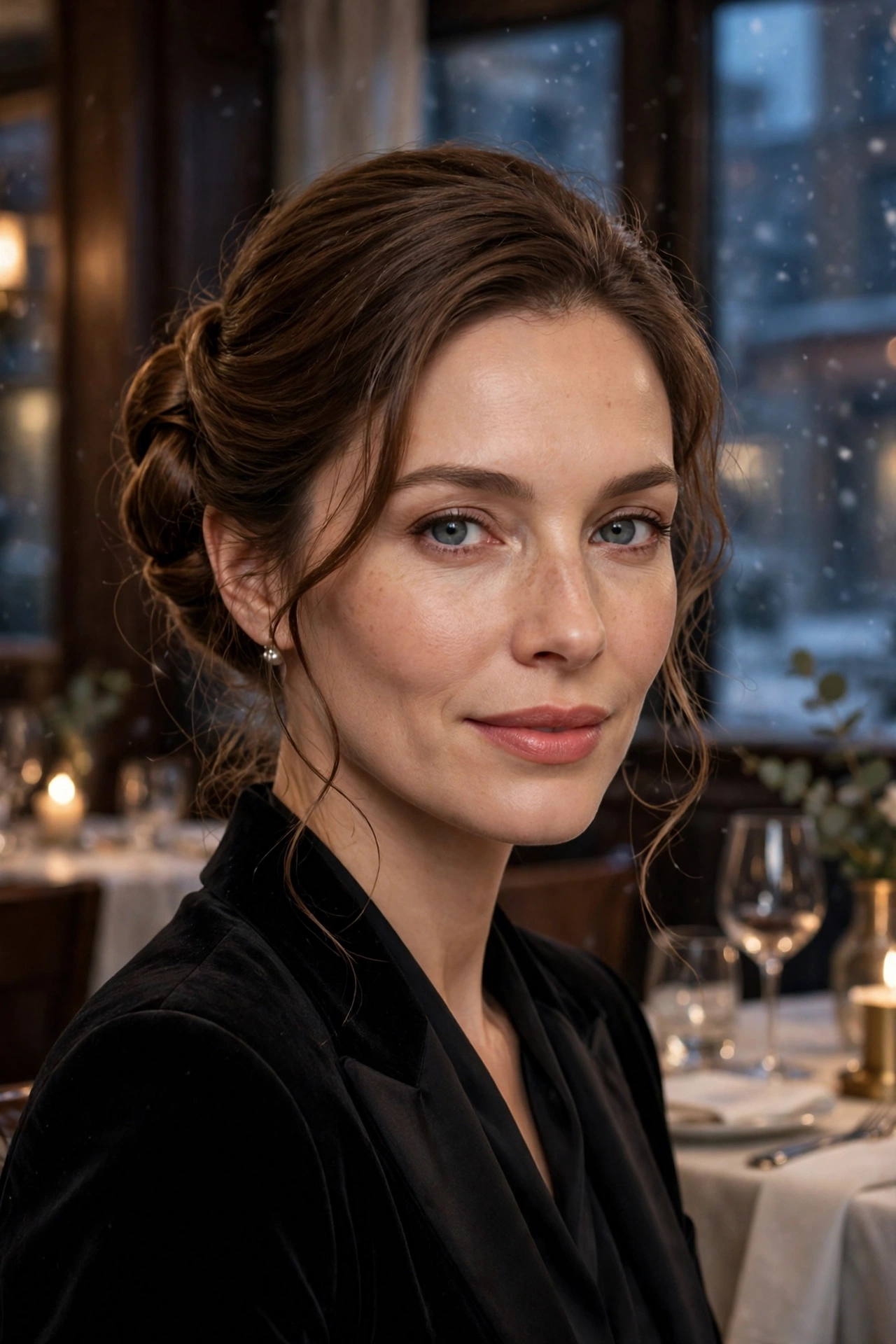 Twisted chignon with soft tendrils, high-shine polished