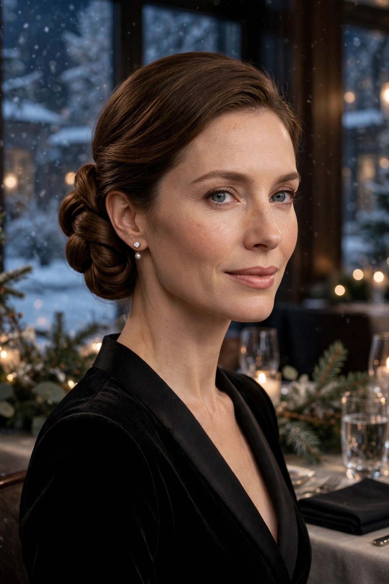 Twisted chignon with a polished nape, smooth with gentle volume