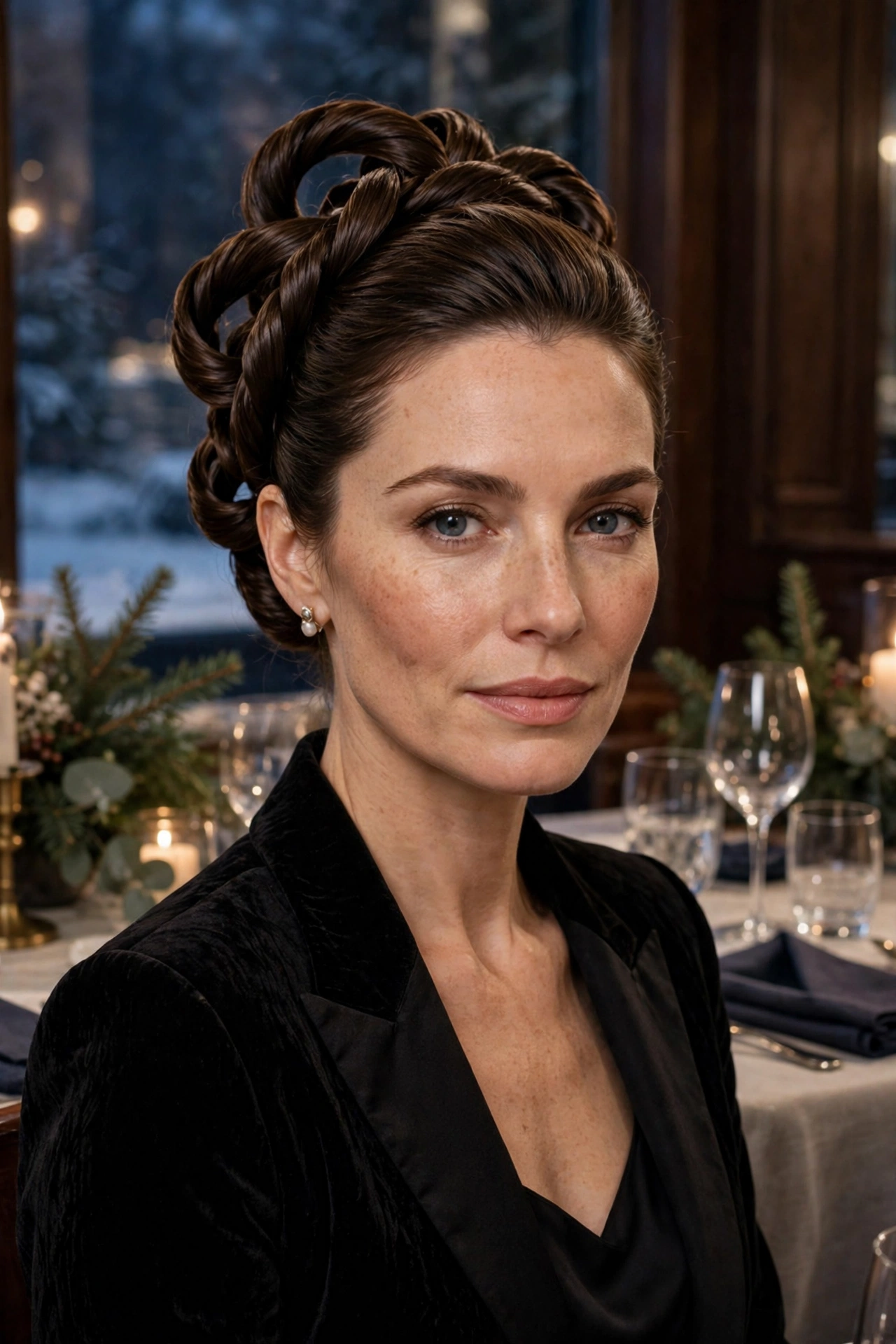 Twisted sculptural chignon, structured and elegant