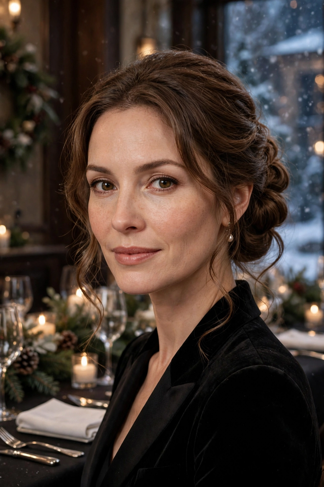 Twisted chignon with soft tendrils, smooth with gentle volume
