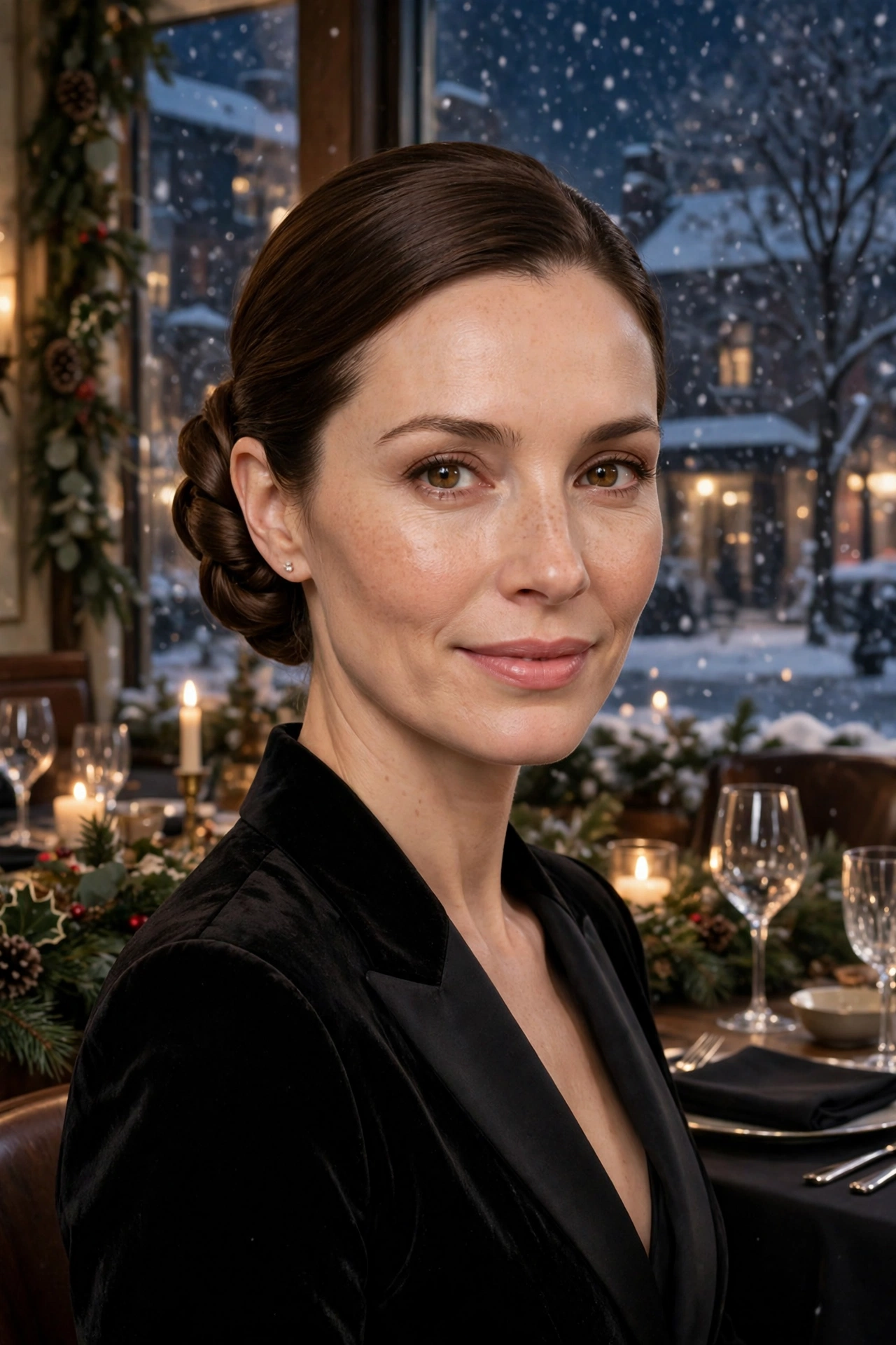 Twisted chignon with a smooth crown, refined with a clean finish for a black-tie dinner