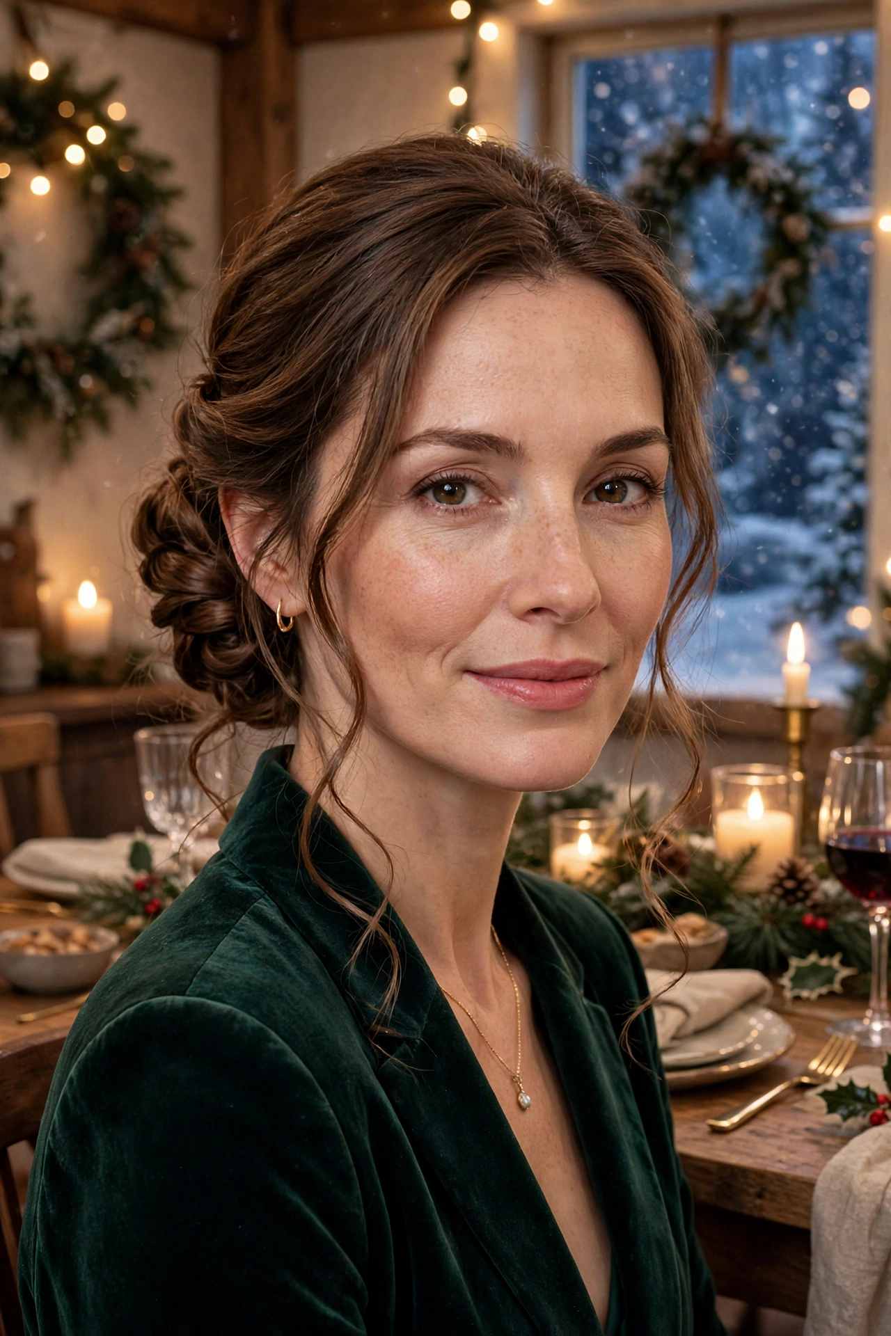 Twisted chignon with soft tendrils, softly sculpted for a holiday dinner