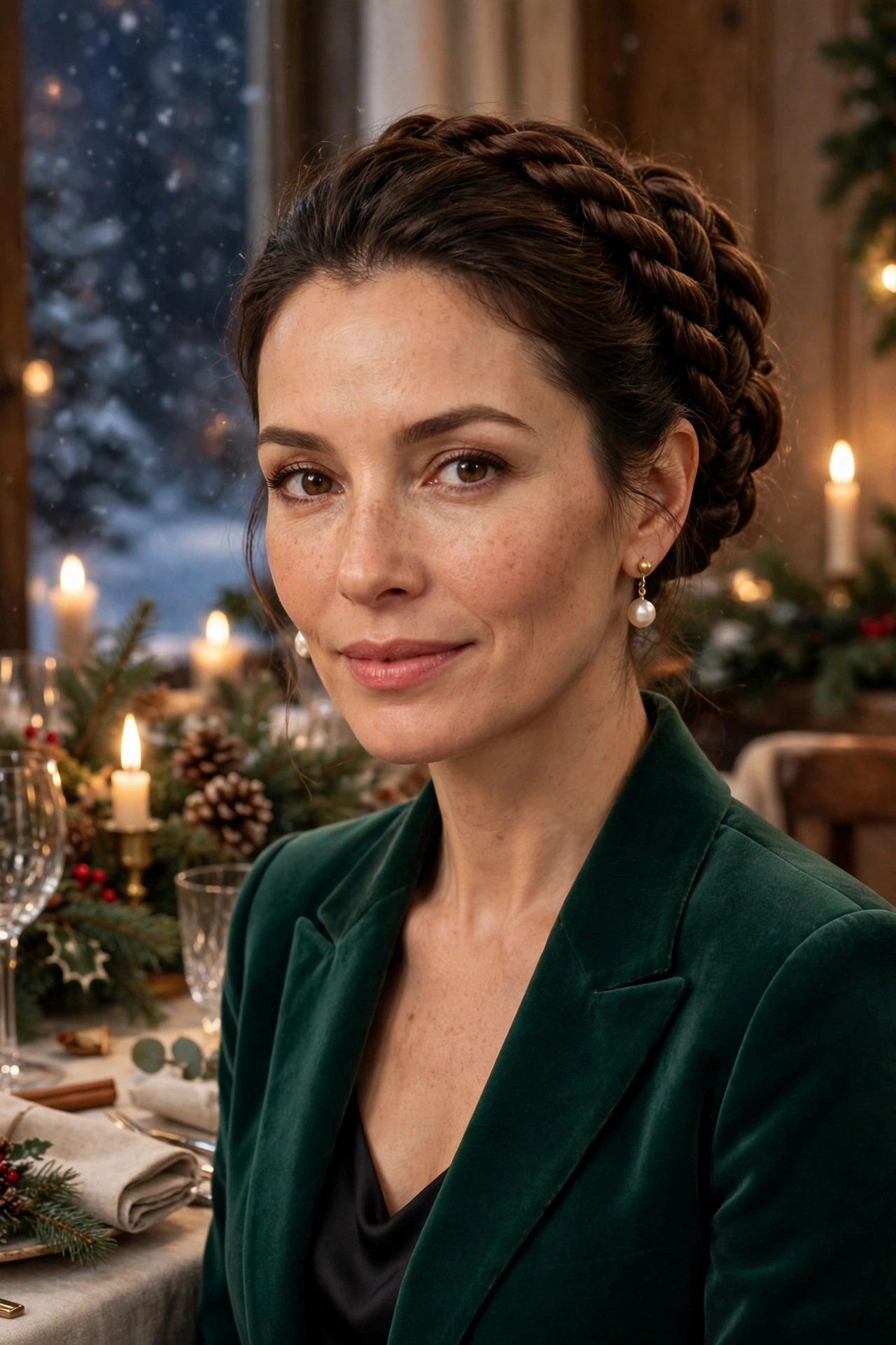 Rope-twist chignon, structured and elegant for a winter celebration