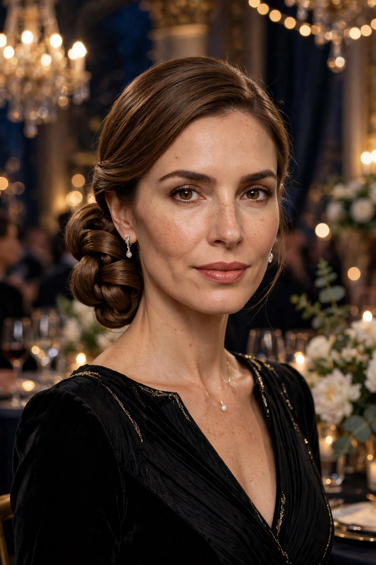 Low sculptural chignon, structured and elegant