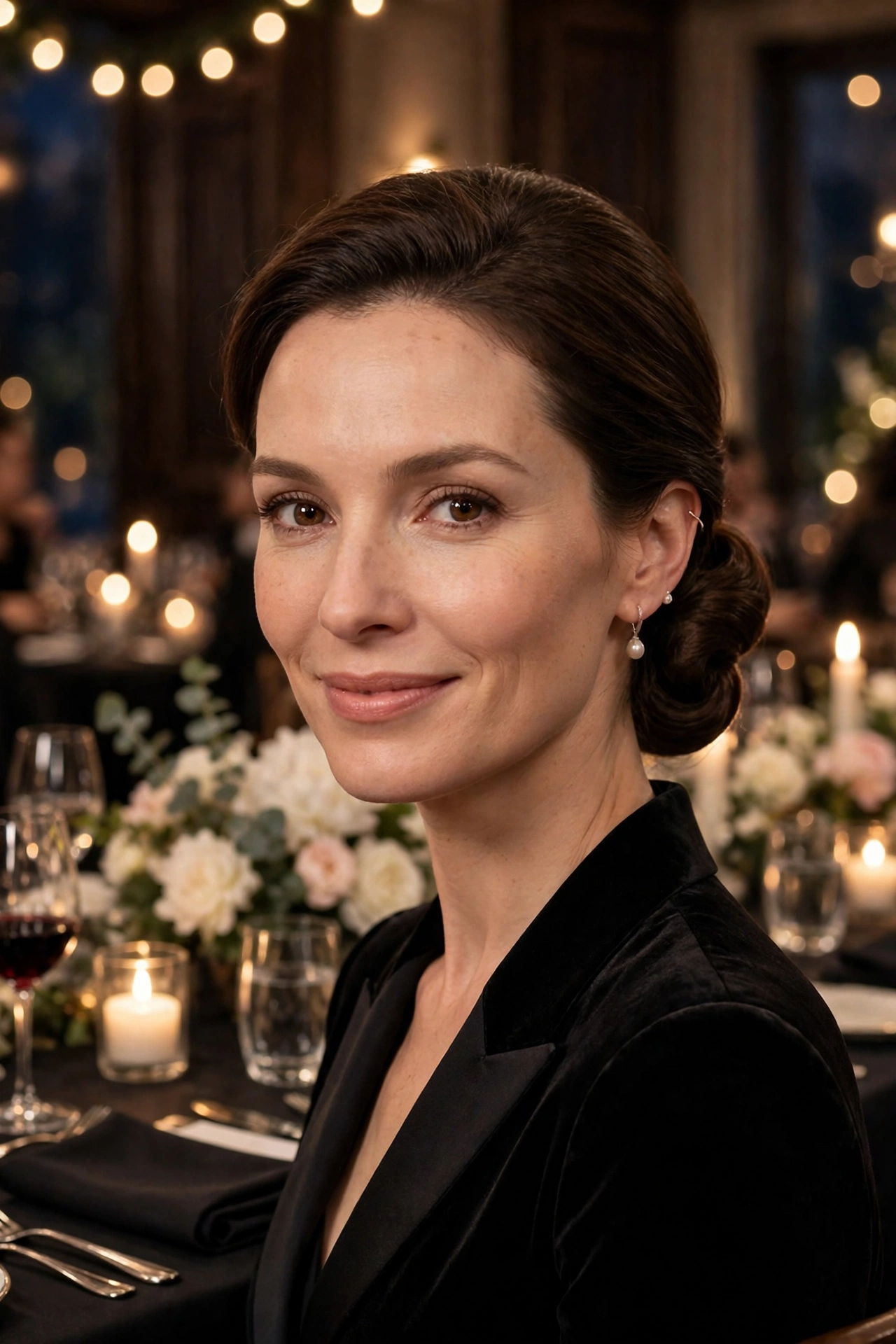 Sleek low chignon, smooth with gentle volume