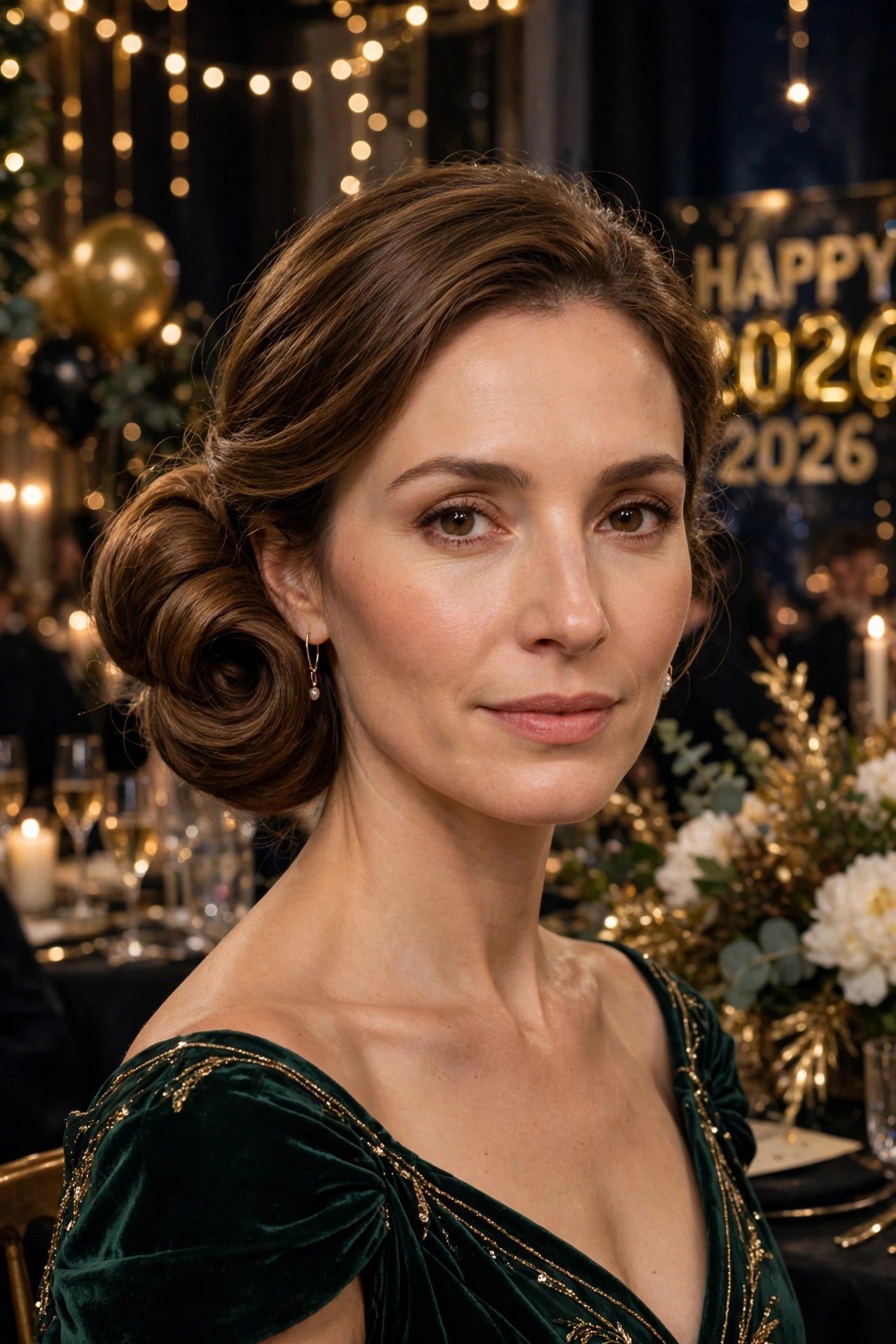 Low chignon with a voluminous coil, smooth with gentle volume