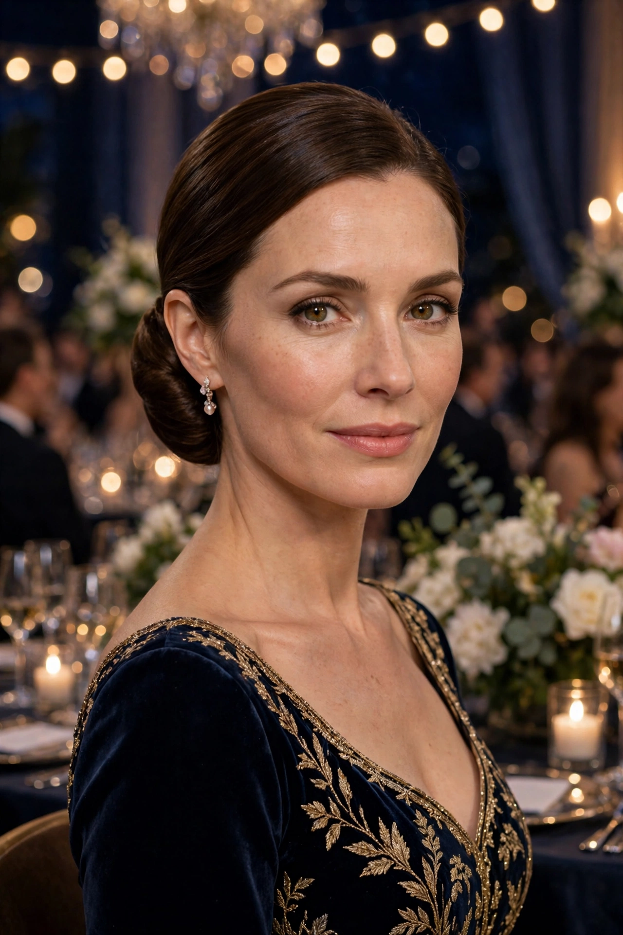 Polished low chignon with a smooth crown, softly sculpted