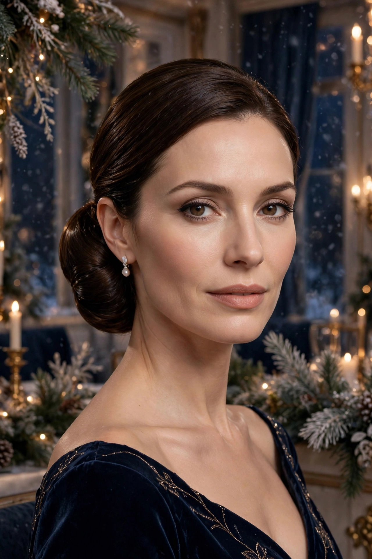 Low chignon with a glossy finish, sleek and glossy