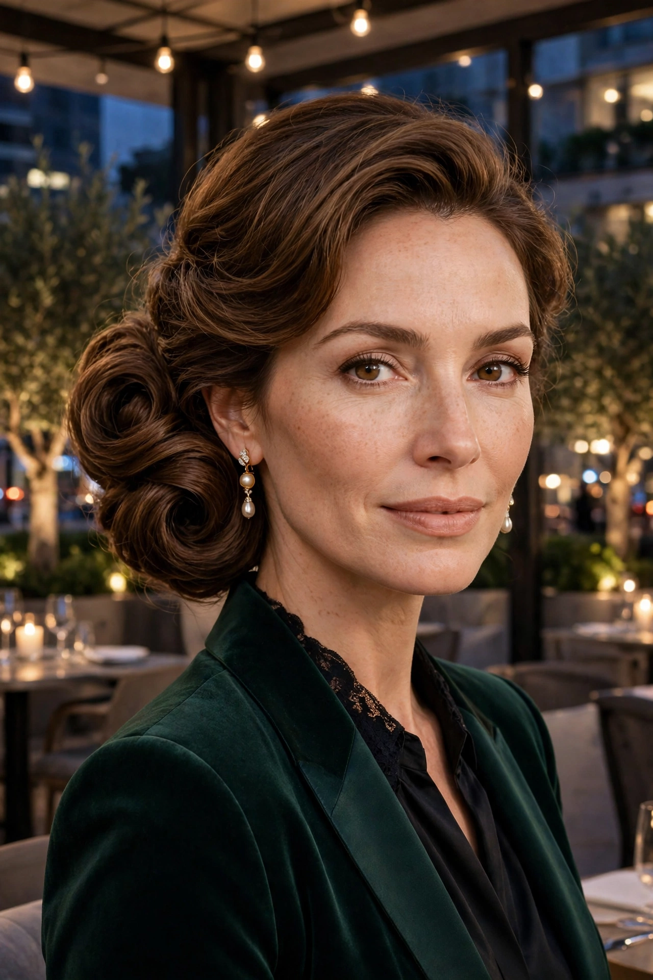 Low chignon with a voluminous coil, structured and elegant