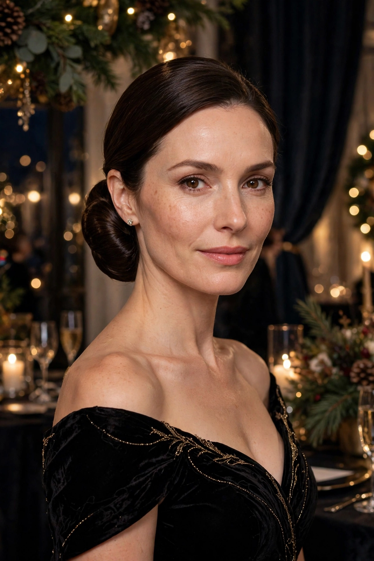 Low chignon with a glossy finish, refined with a clean nape