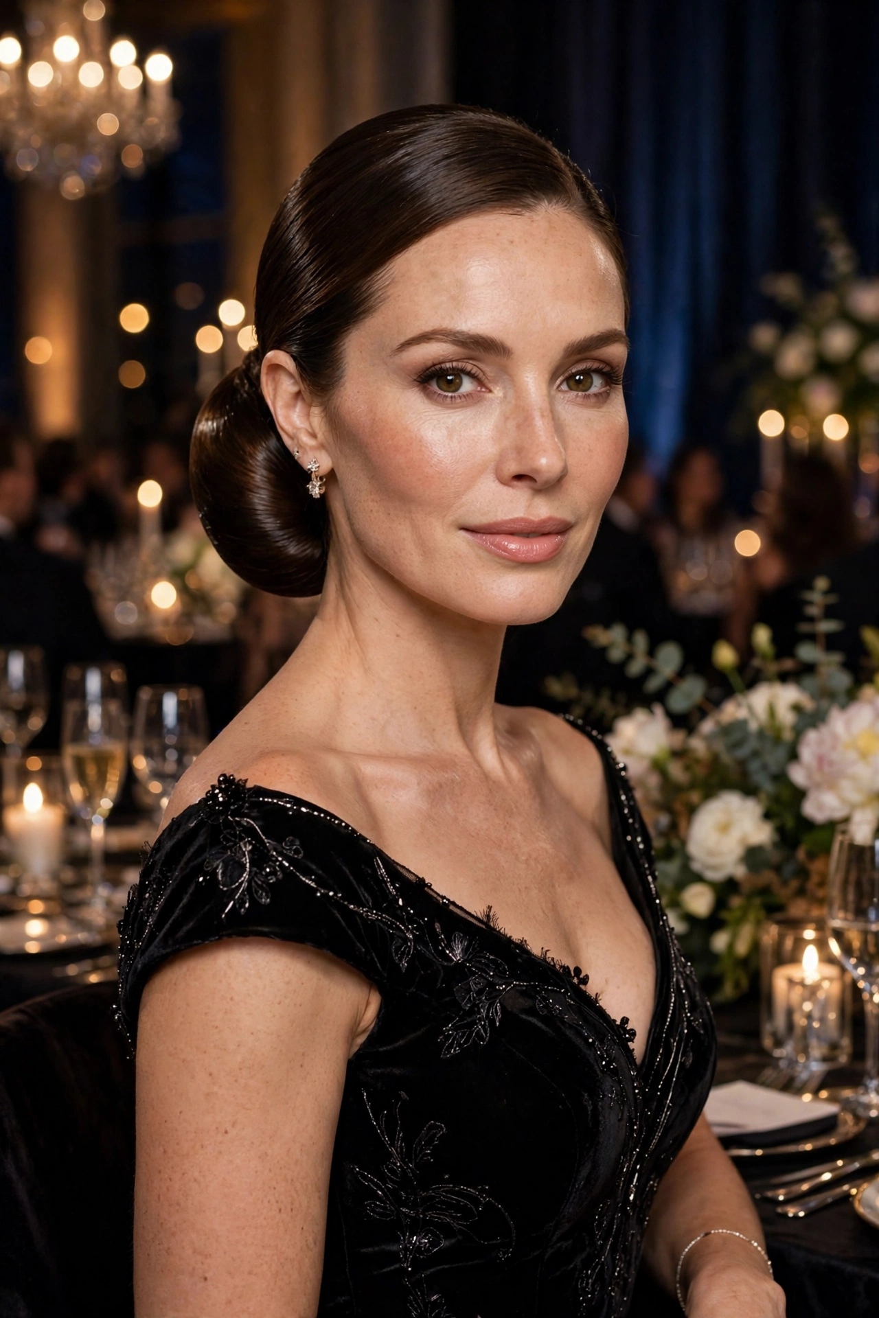 Low chignon with a glossy finish, high-shine polished