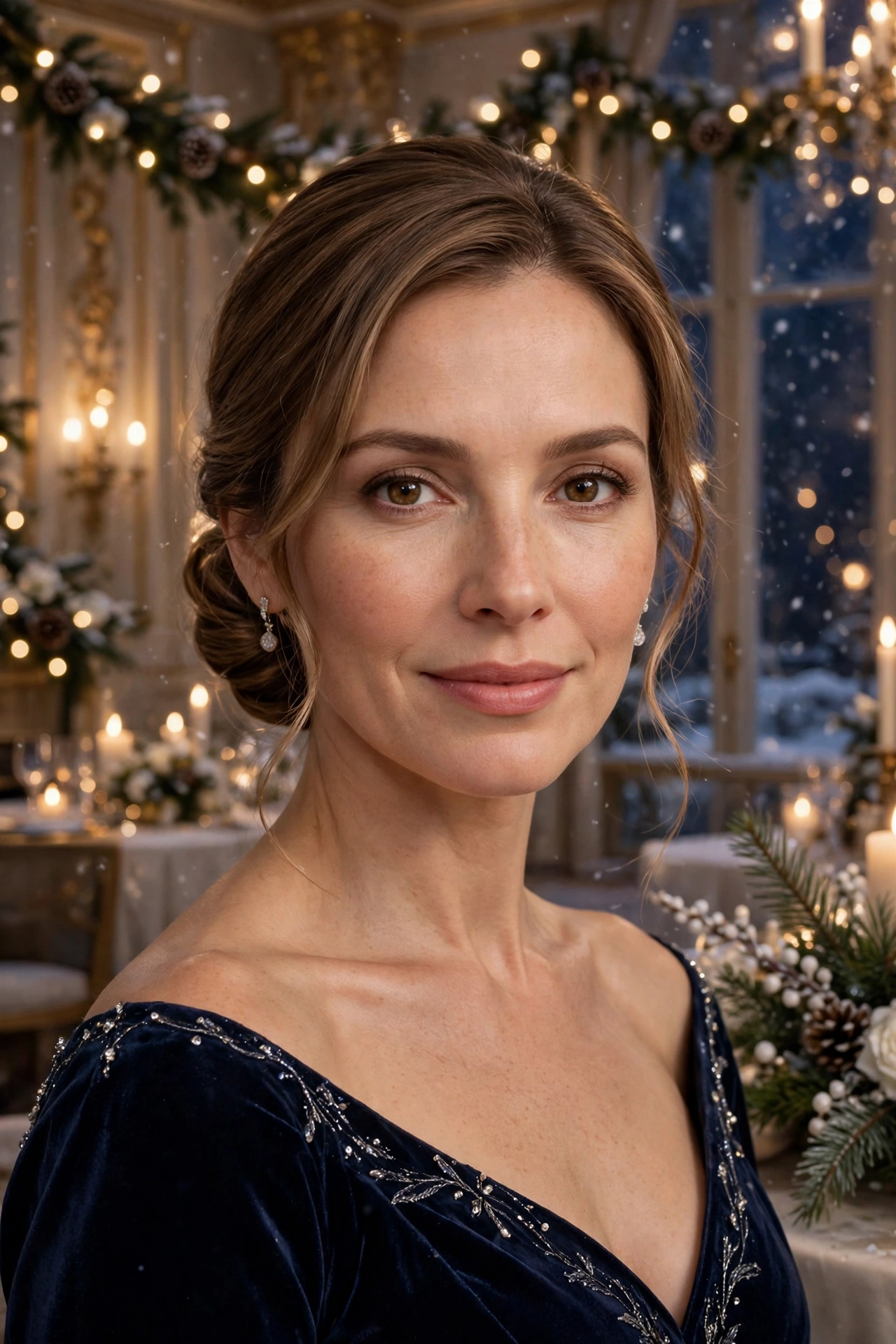 Low chignon with soft face-framing pieces, high-shine polished