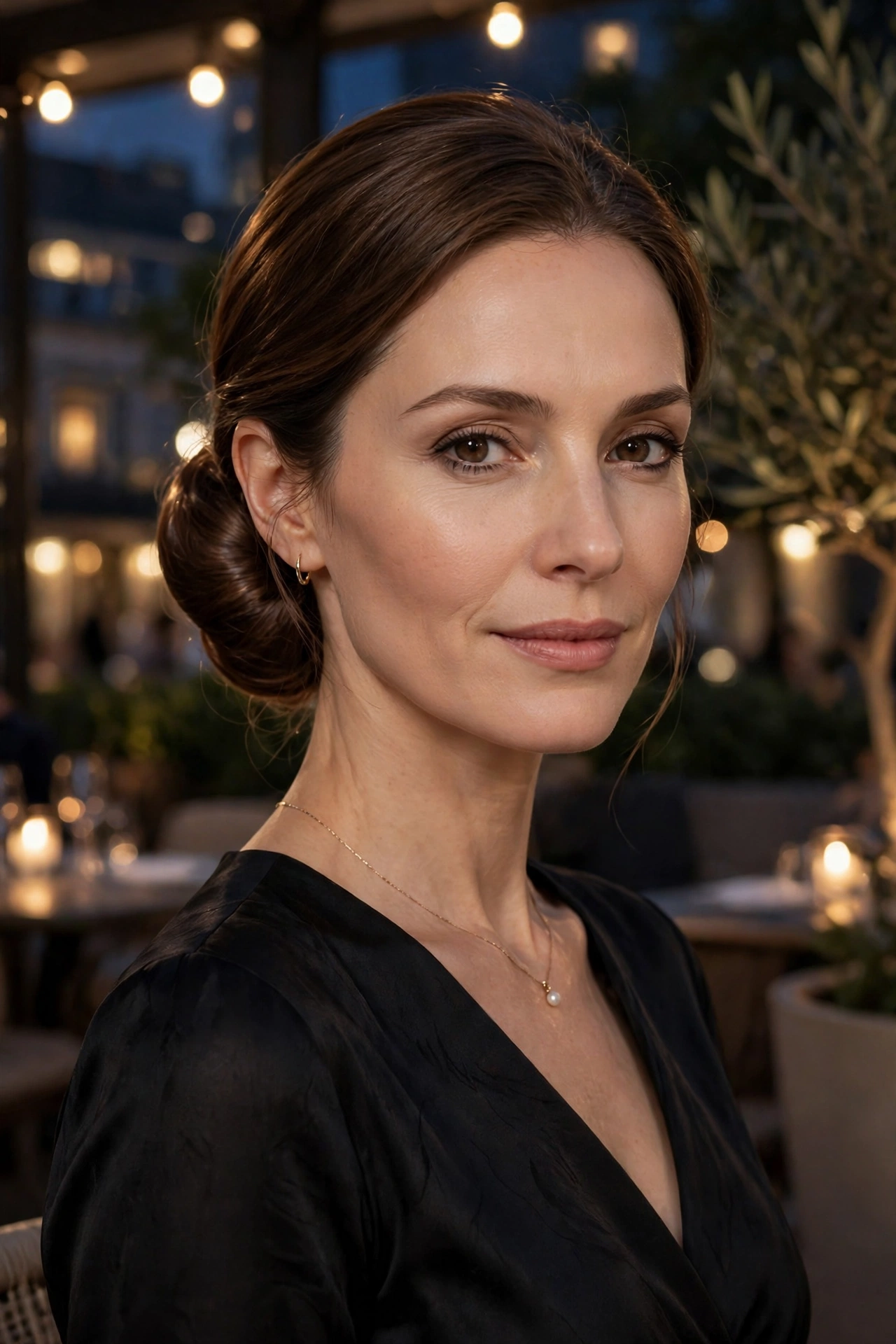 Low chignon with a glossy finish, smooth with gentle volume