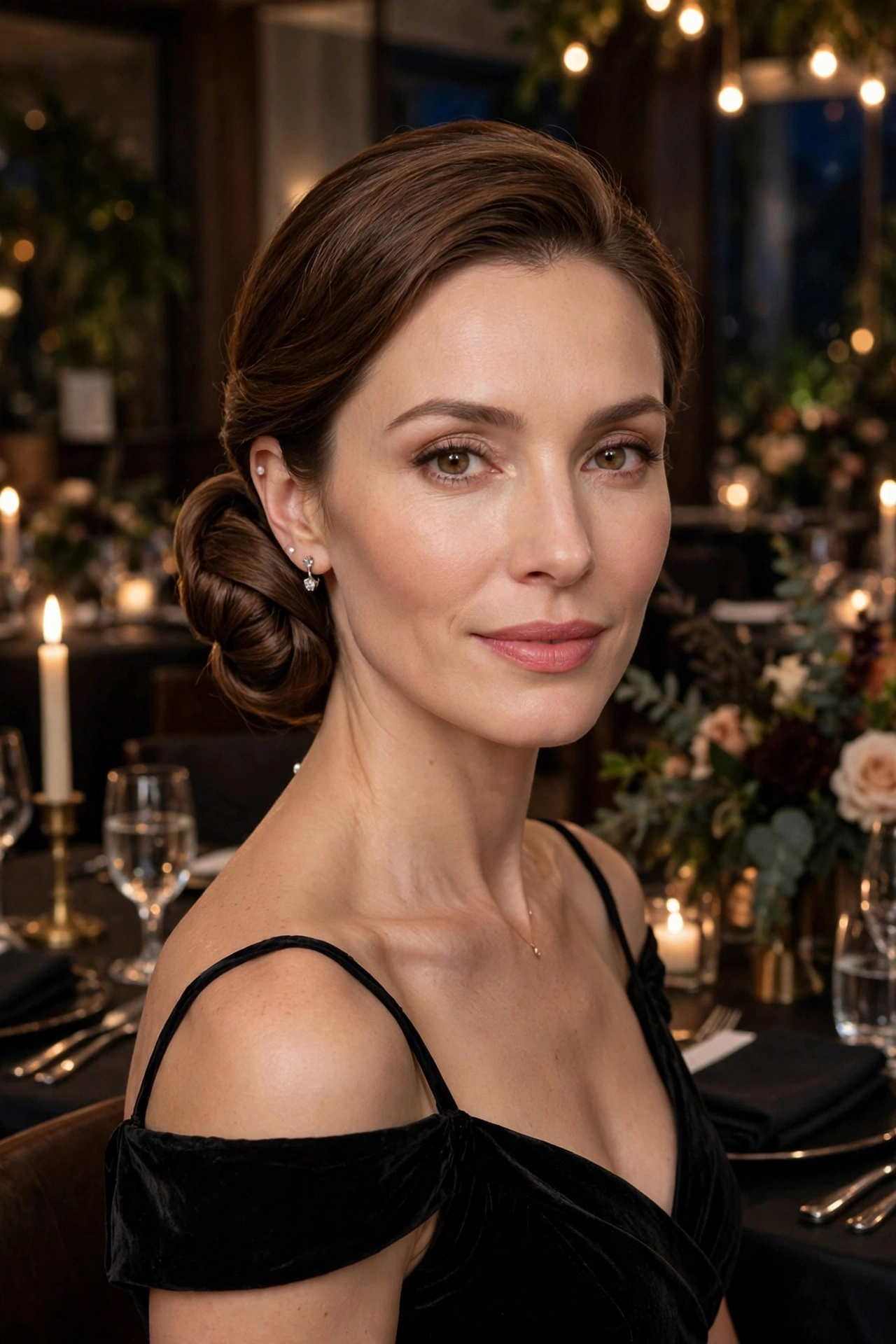 Low sculptural chignon, refined with a clean nape for a festive black-tie dinner