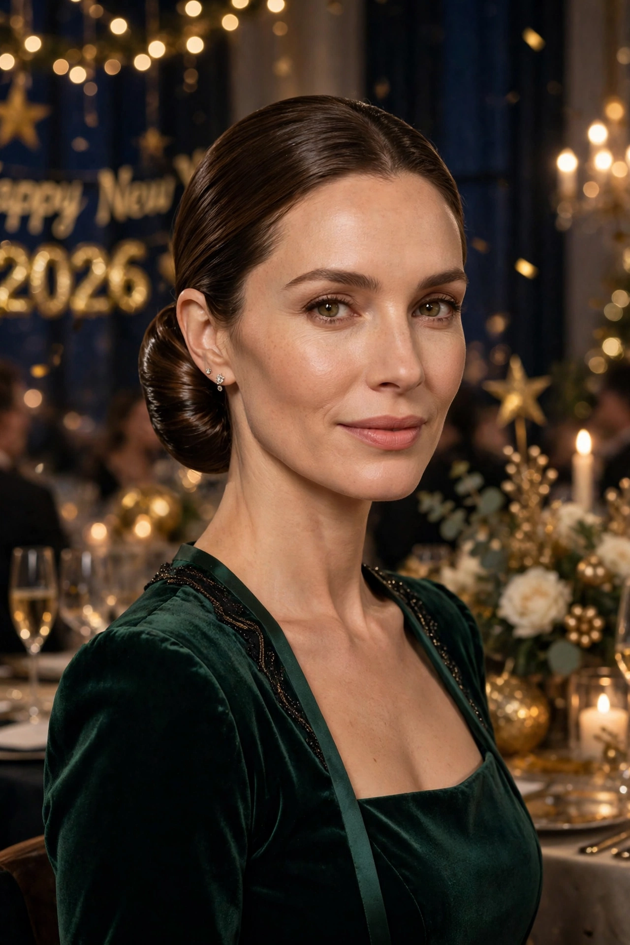 Low chignon with a glossy finish, structured and elegant