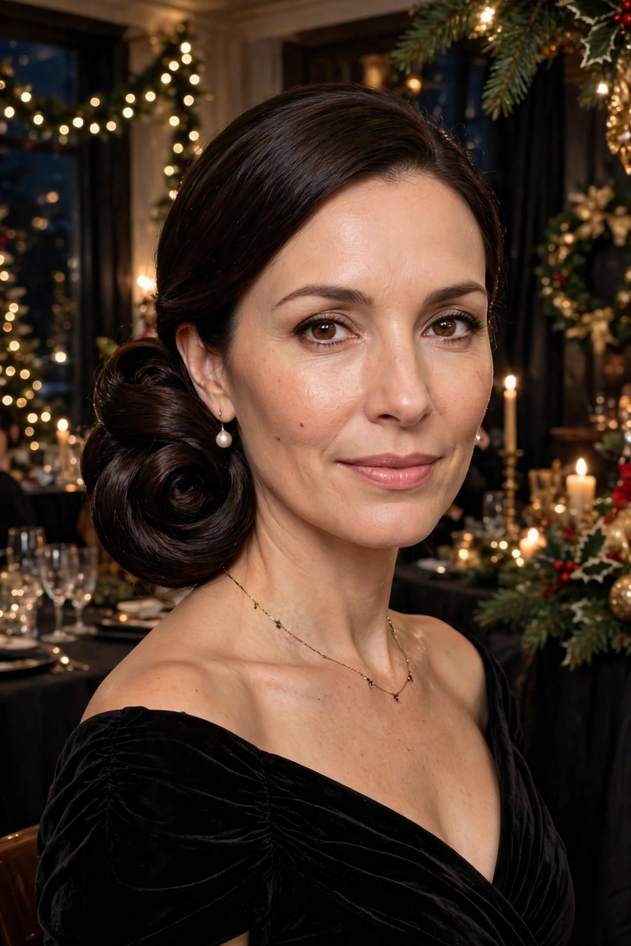 Low chignon with a voluminous coil, sleek and glossy