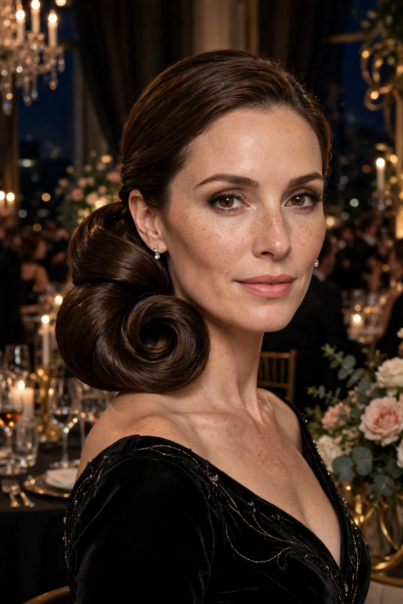Low chignon with a voluminous coil, high-shine polished