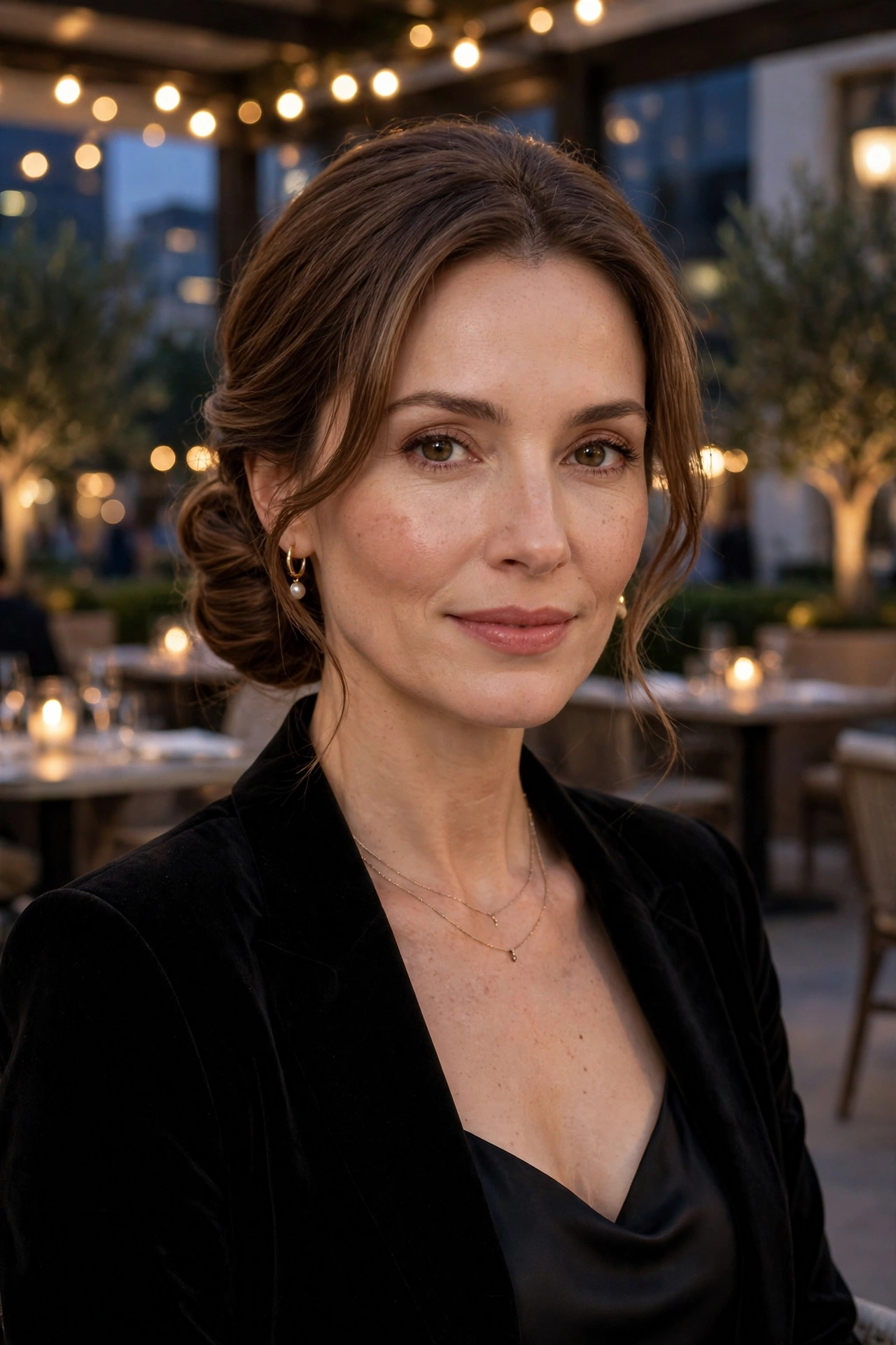 Low chignon with soft face-framing pieces, smooth with gentle volume