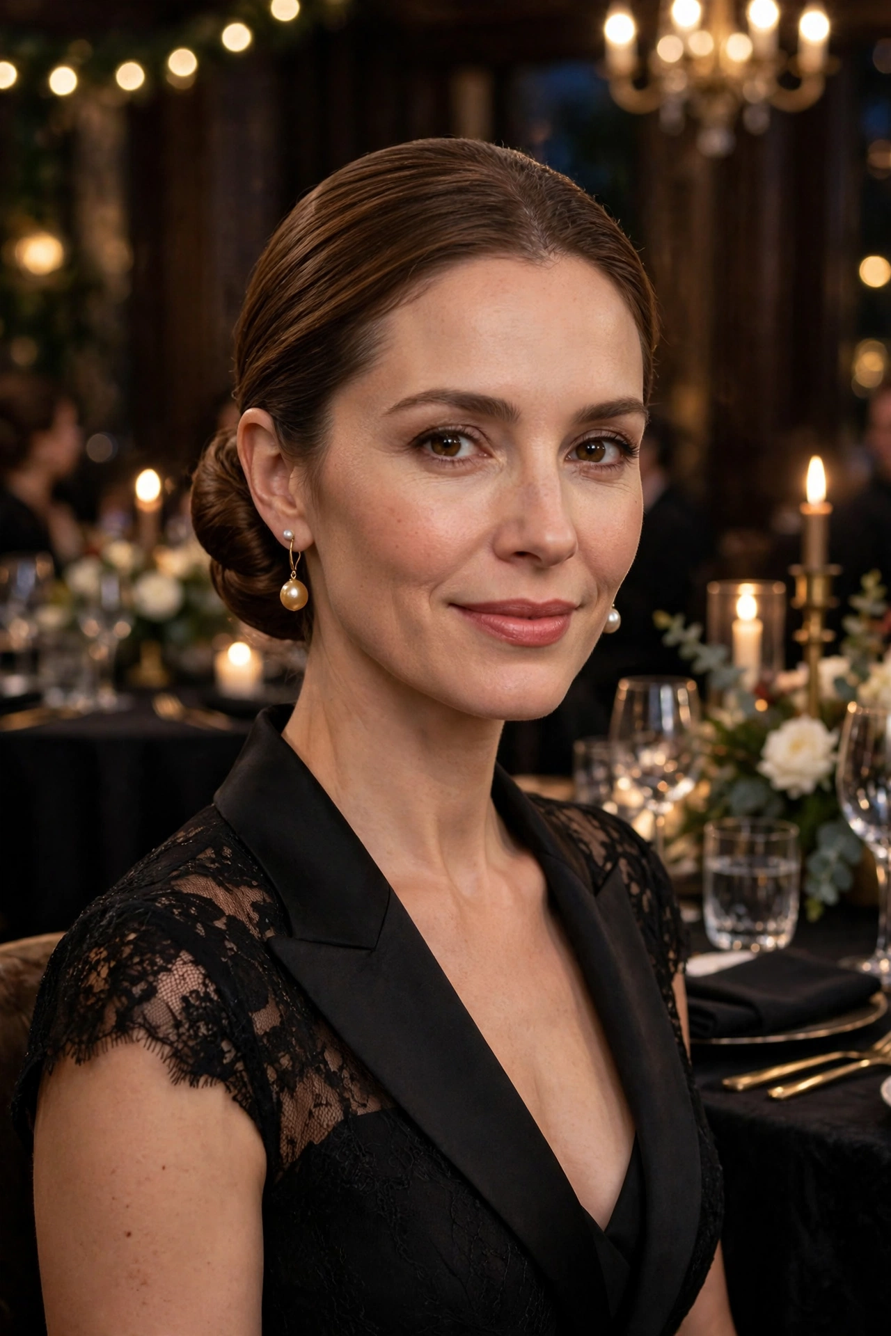 Polished low chignon with a smooth crown, structured and elegant