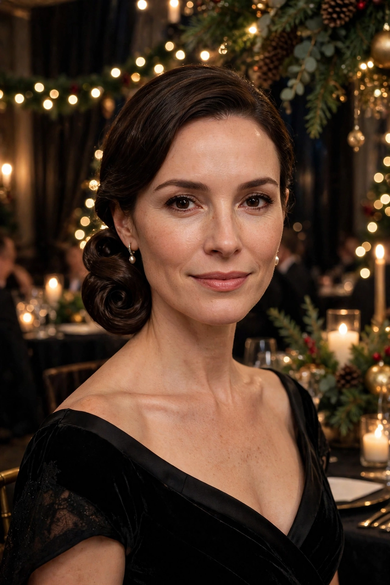Low chignon with a sculpted coil, smooth with gentle volume for a black tie holiday event