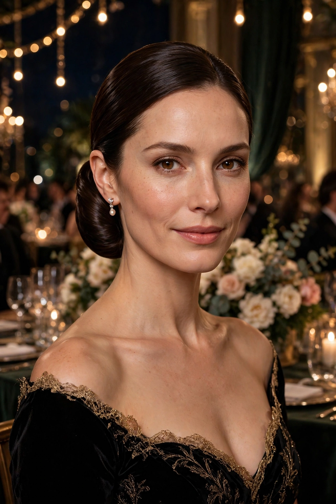 Sleek low chignon, sleek and glossy