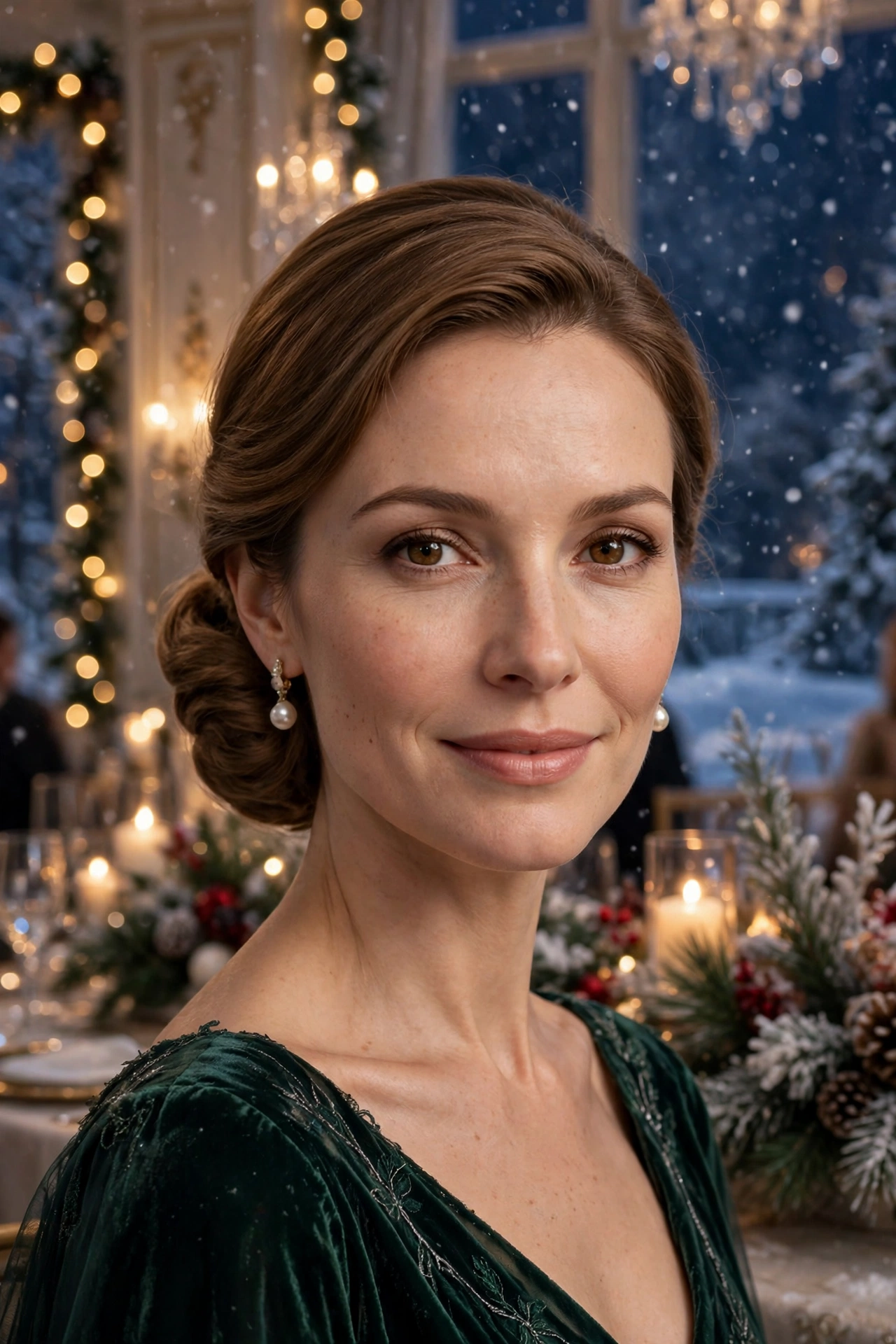 Sleek low chignon, smooth with gentle volume for a winter ball