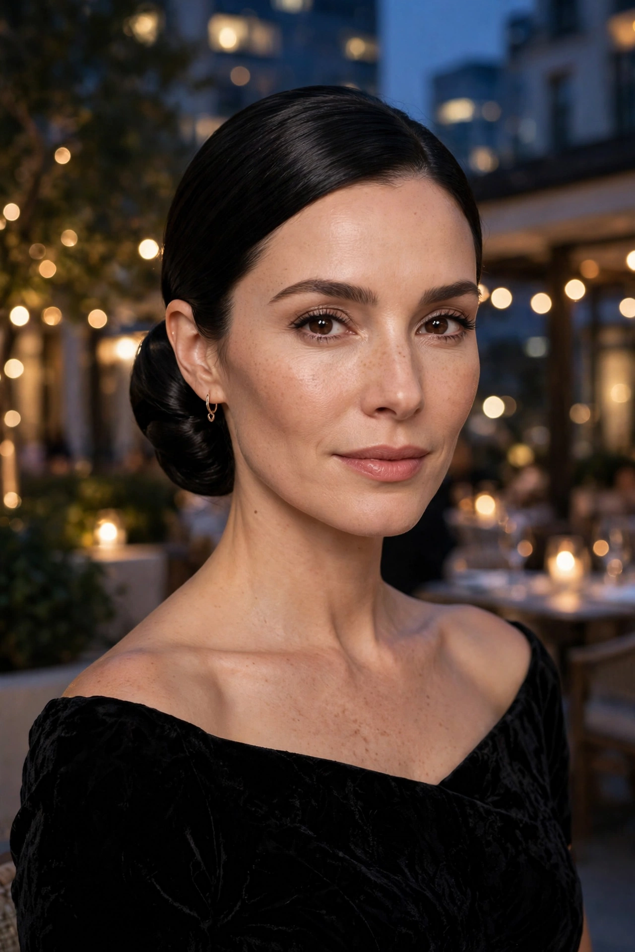 Sleek low chignon, sleek and glossy for an elegant evening out