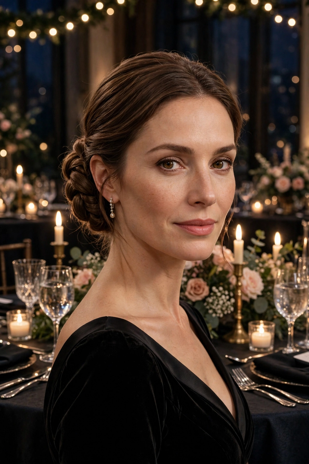 Low twisted chignon, softly sculpted for a festive black-tie dinner