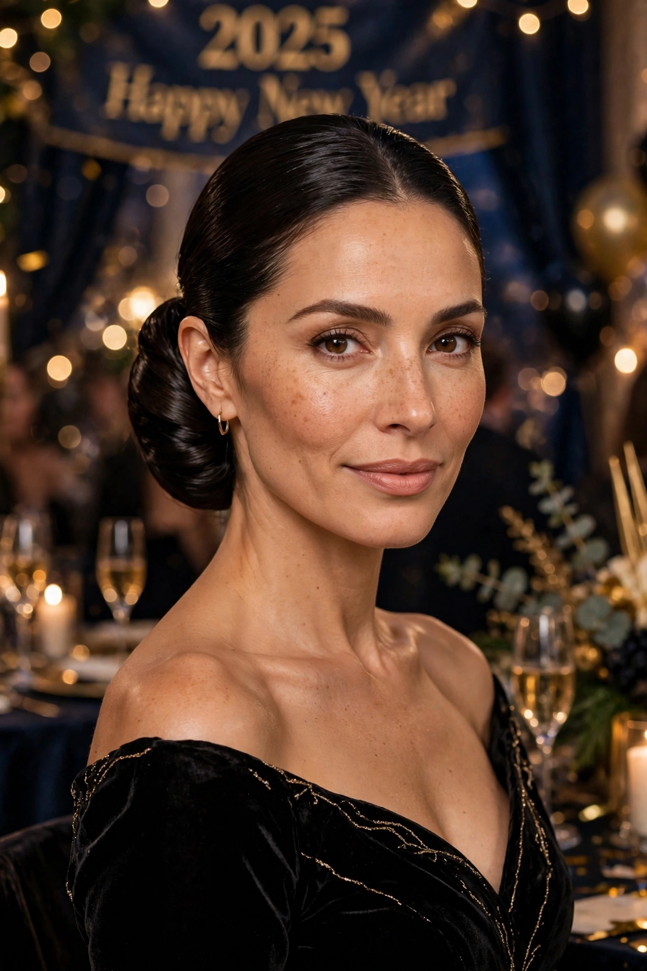 Low chignon with a glossy finish, sleek and glossy for a New Year gala