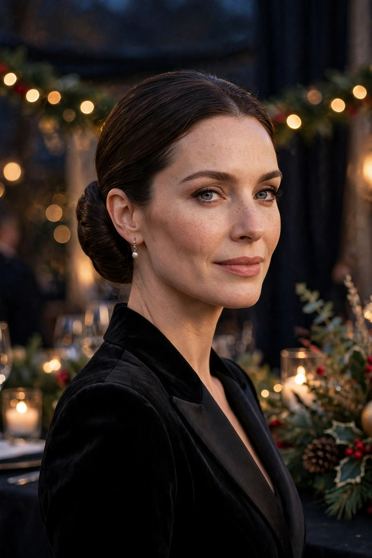 Sleek low chignon, structured and elegant