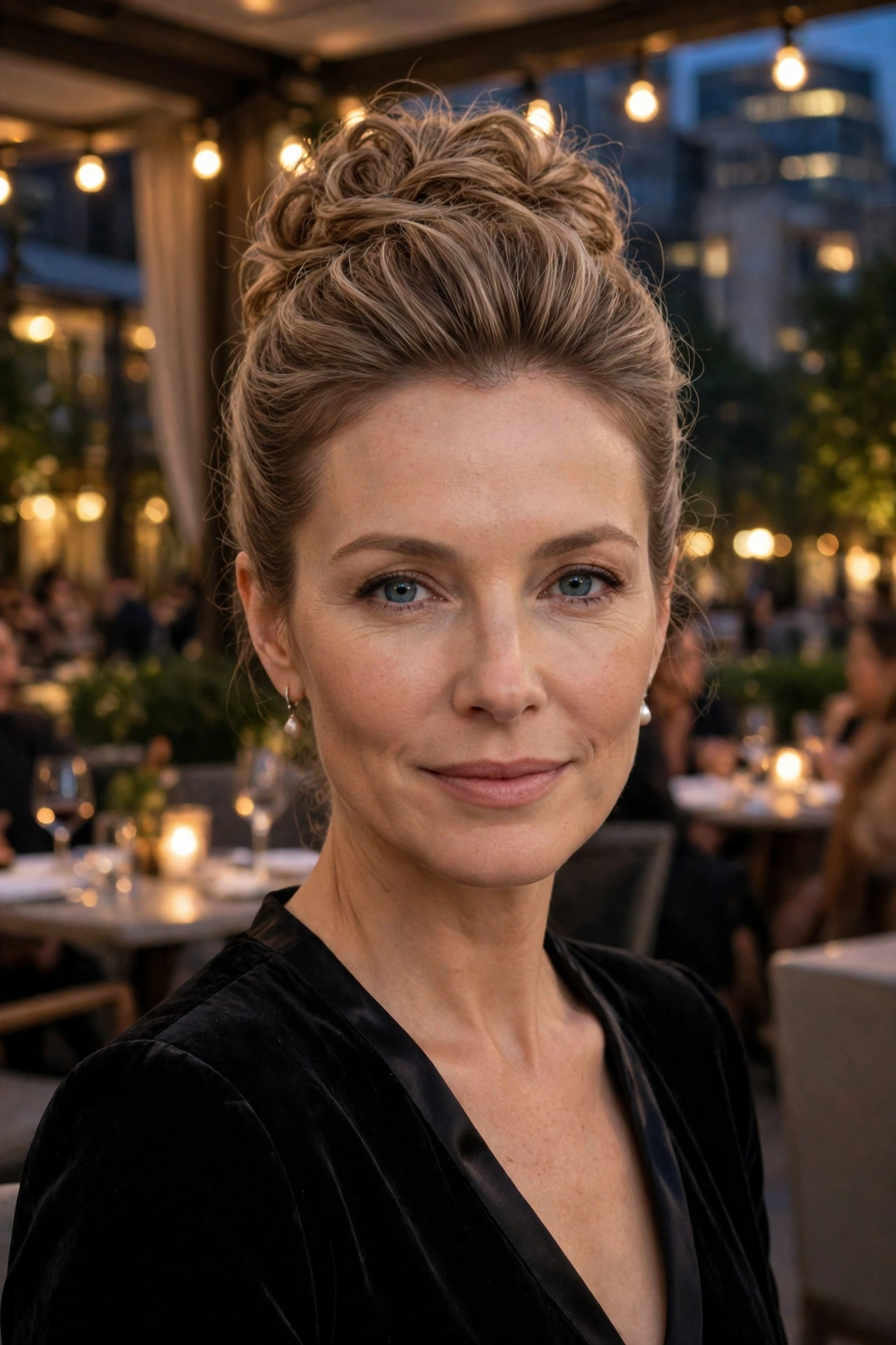 Textured chignon for fine hair with a full crown, refined with crown lift