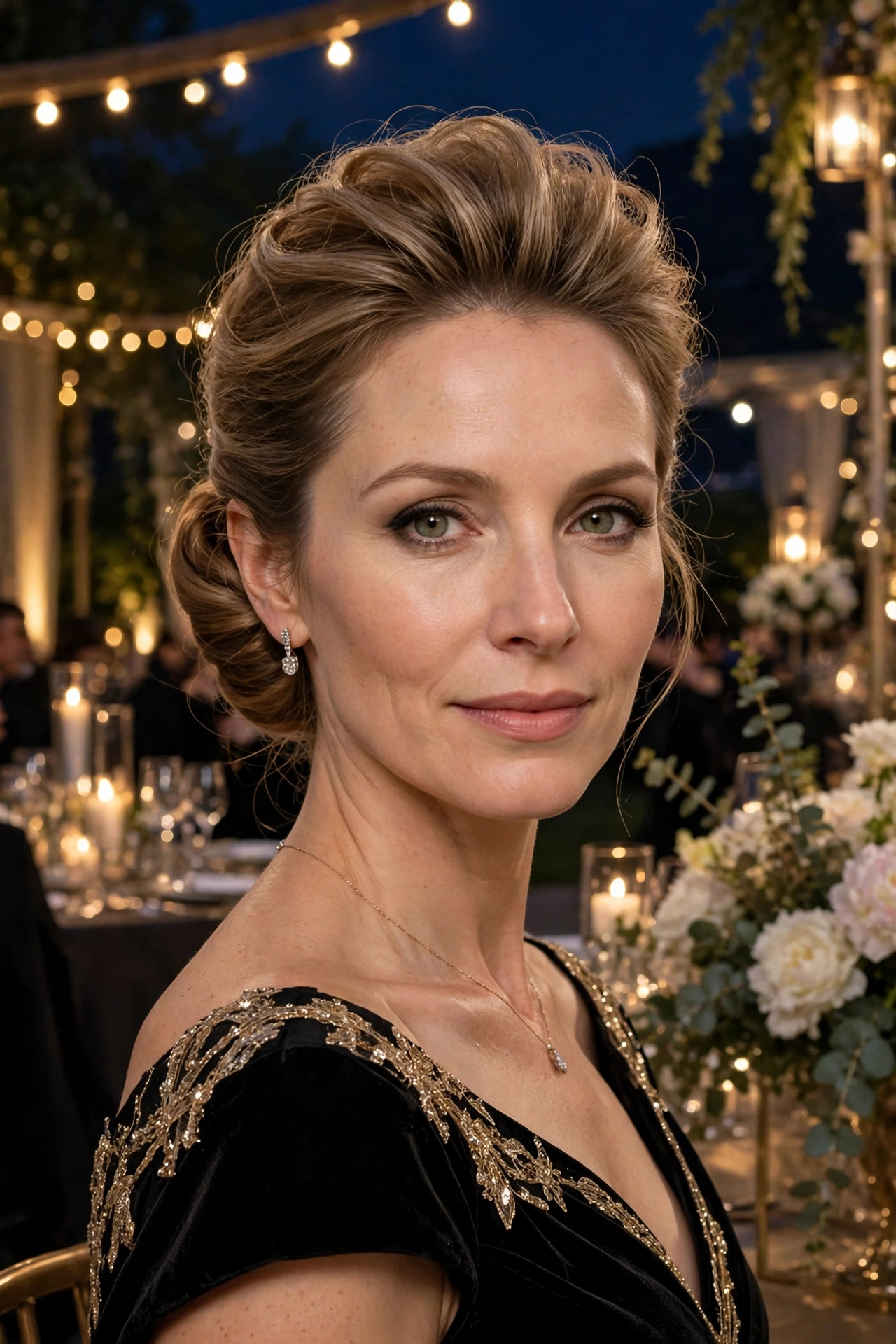 Polished chignon for fine hair with a teased crown, gently teased at the crown