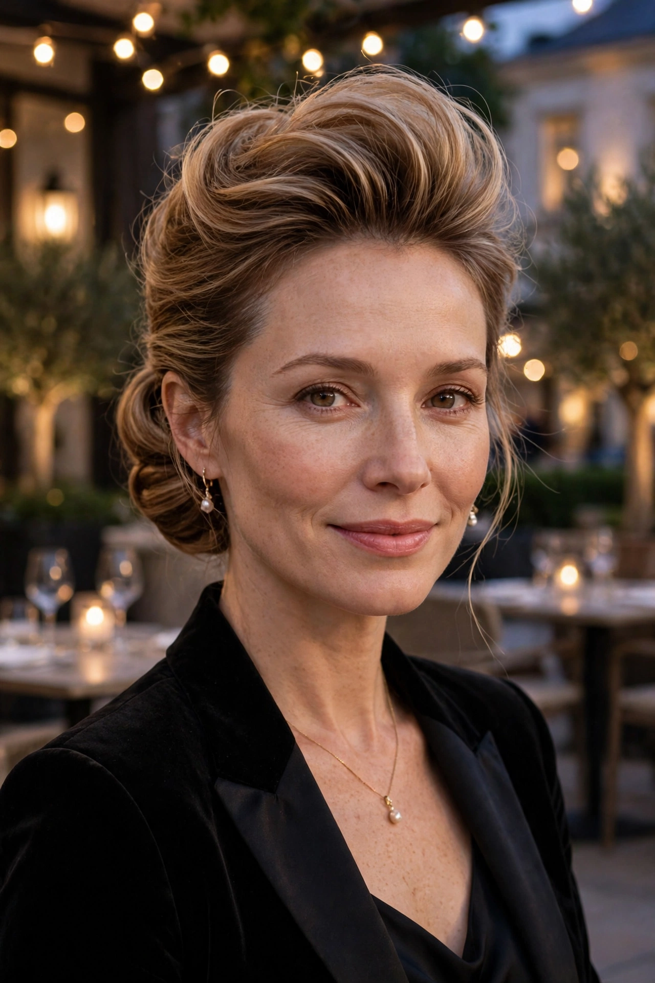 Polished chignon for fine hair with a teased crown, softly sculpted for an elegant evening out